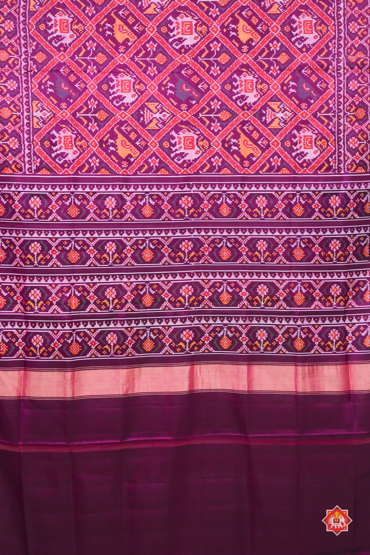 Traditional adtala designer with minakari work & ghughroo border pallu semi double ikat patola saree