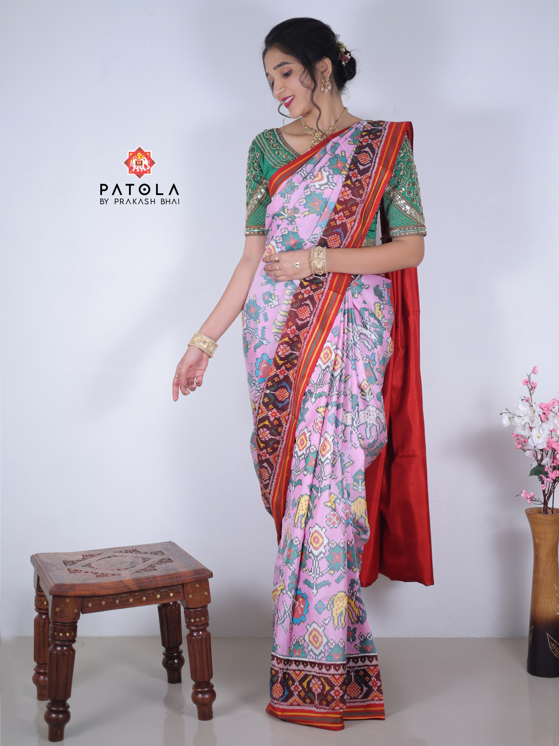 Masterpiece Deers With Flowers Designer Semi Double Ikat Patola Saree