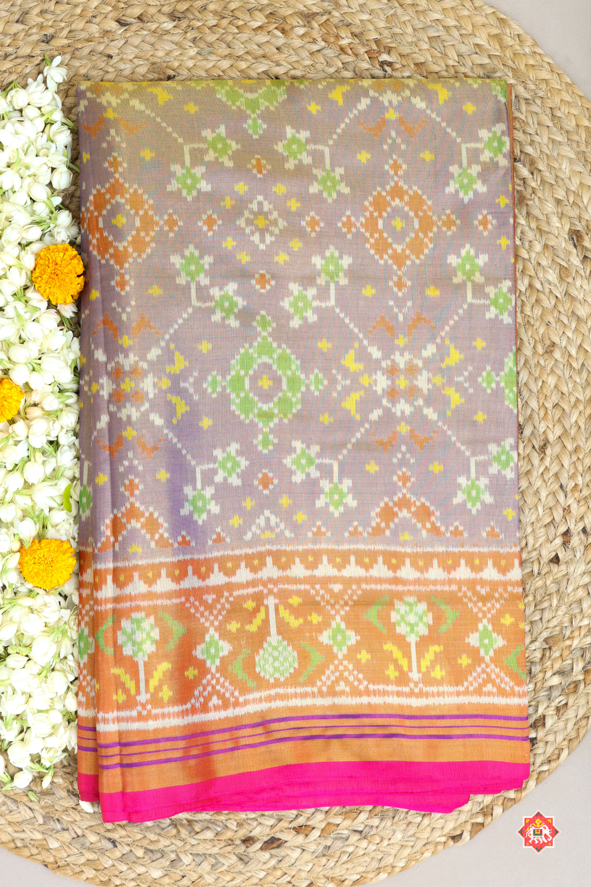 Navratna design with minakari work & ghughroo pallu border tissue patola saree