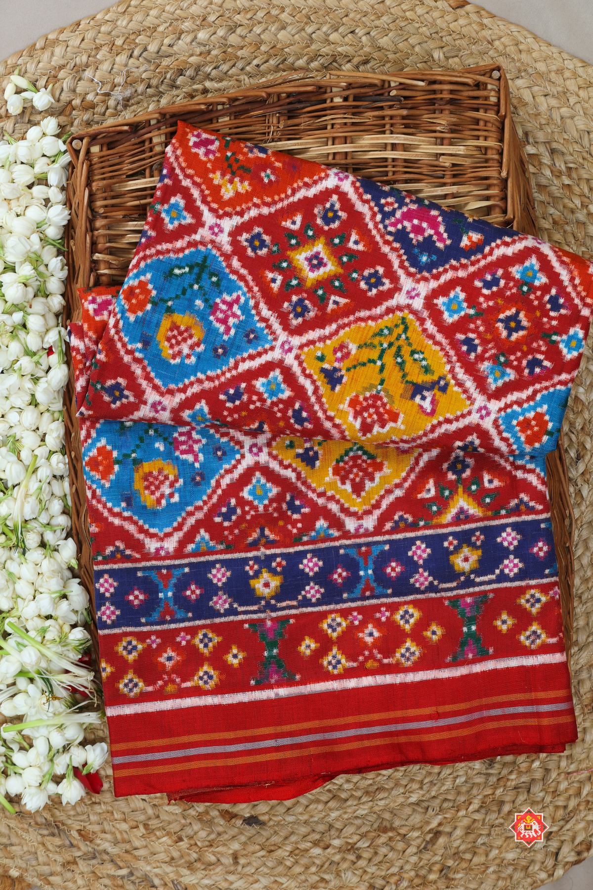 "Patan patola the pardah motif (curtain design) with its array of regal animal and  stylized floral figures,captures in a traditional geometric field."