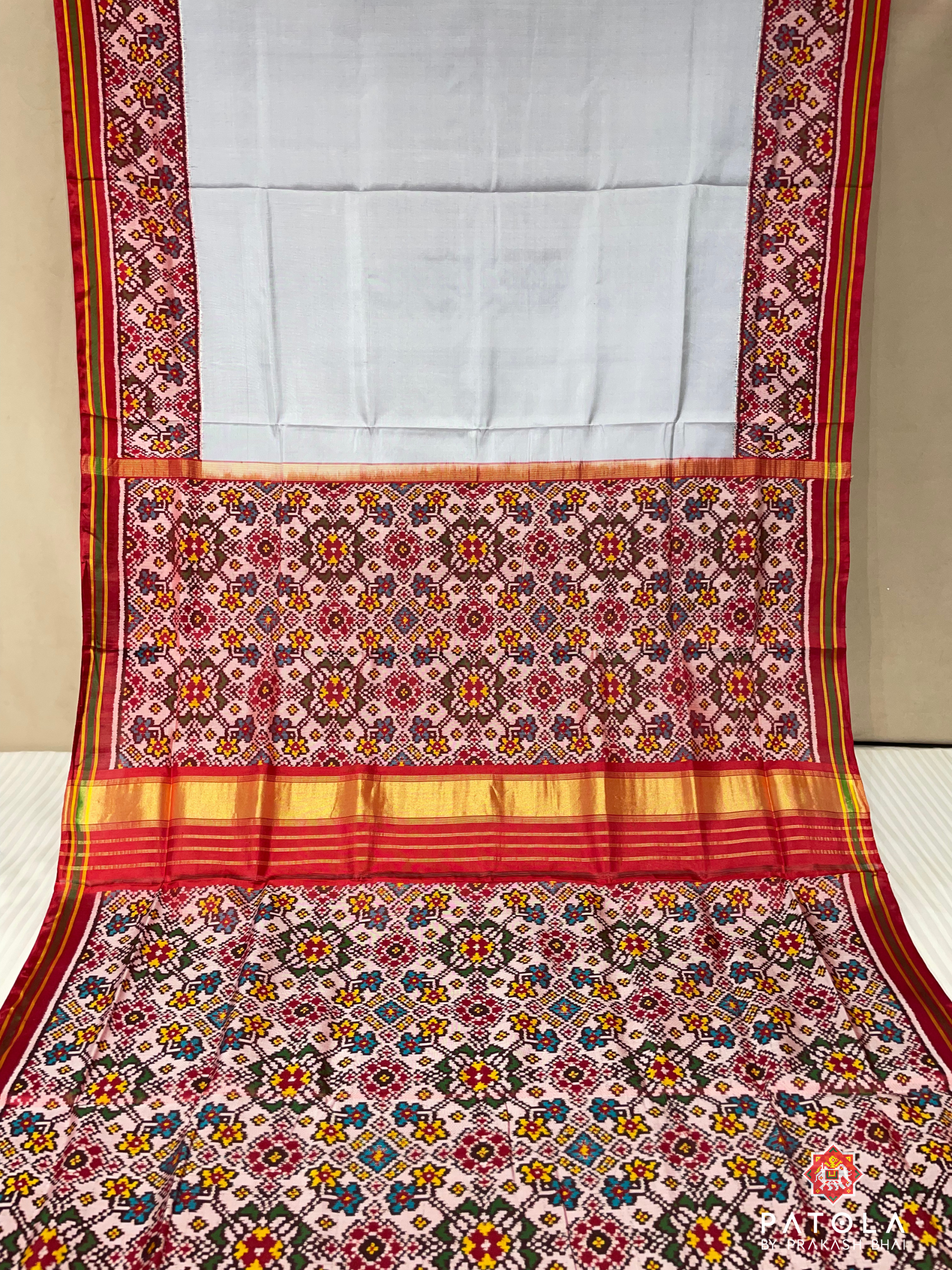 Plain Steel Gray With Patola Design Blouse Semi Double Ikat Patola Saree