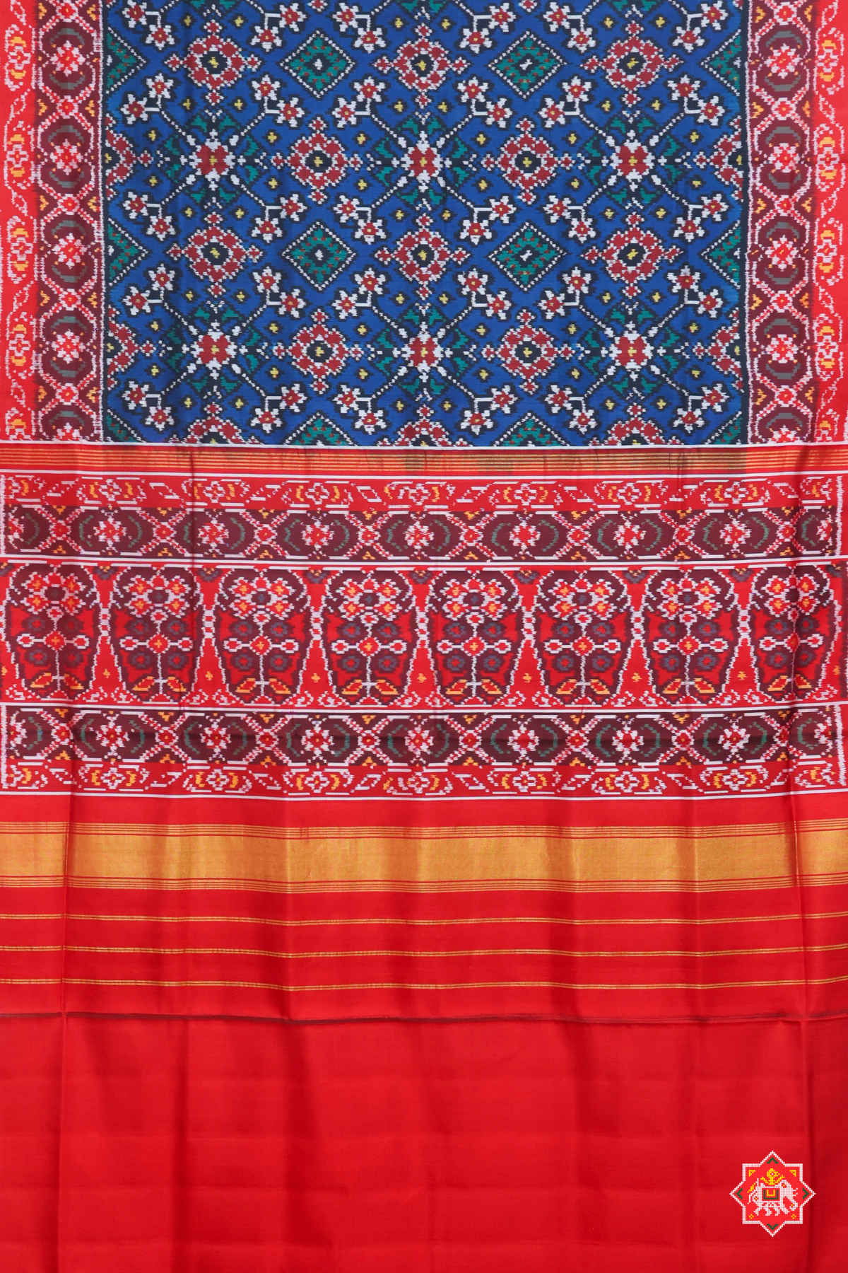 Traditional navratn design with ghughroo border  semi double ikat patola saree