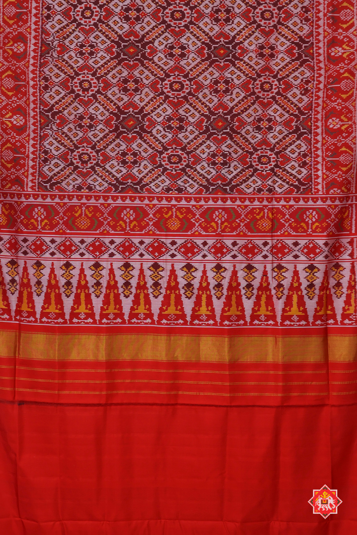 Manek chowk design with ghughroo border semi double ikat patola saree