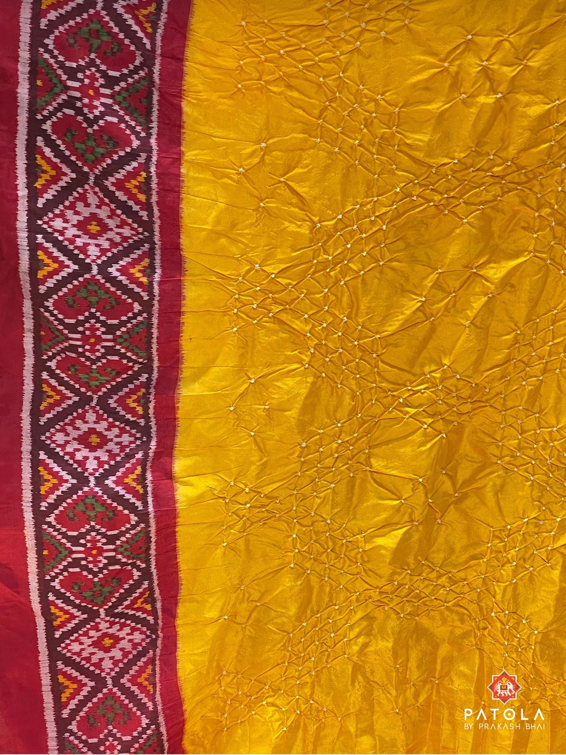 Yellow With Red Pallu Border Patola Design With Bodywork Bandhej Dupatta