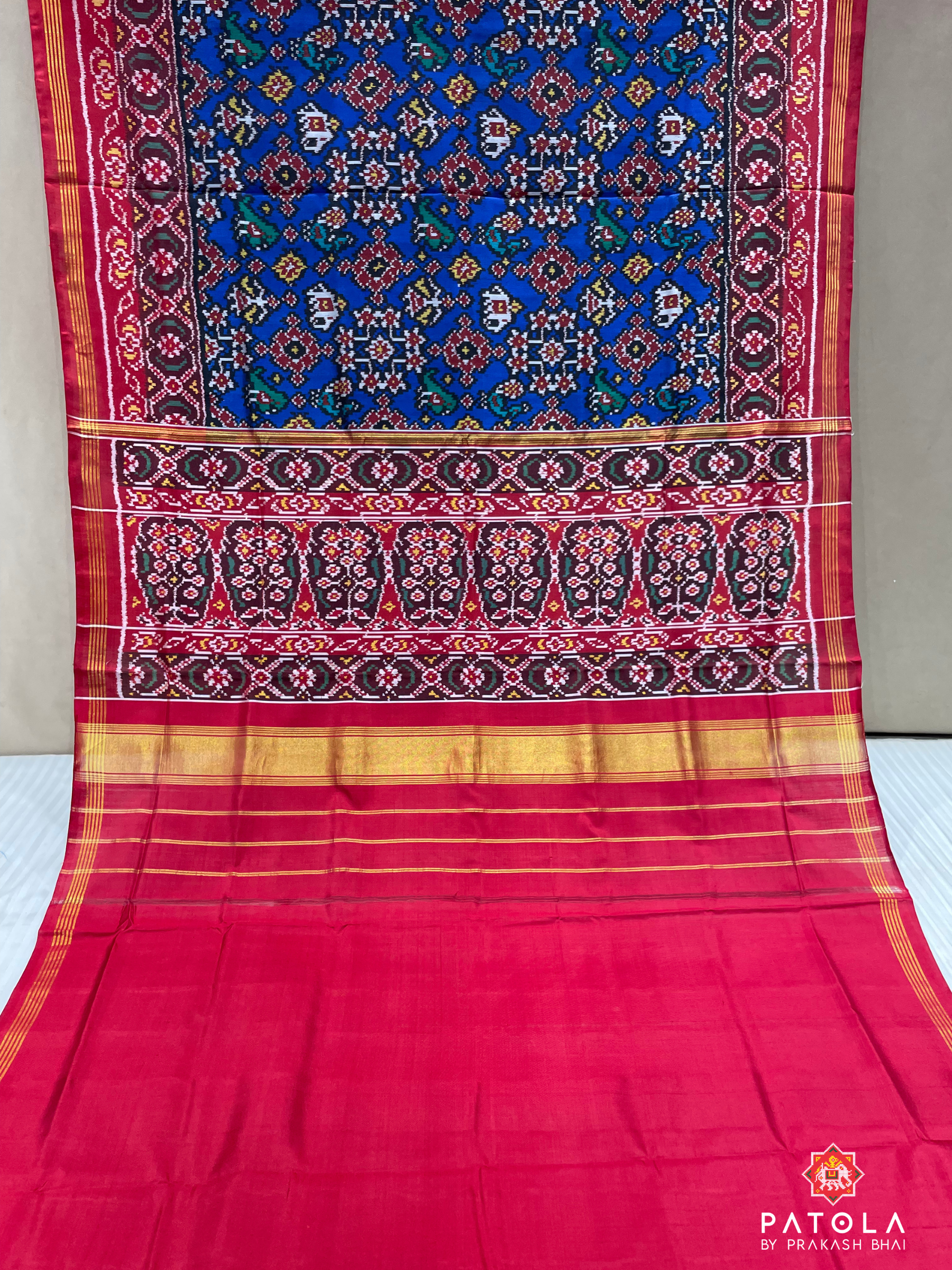 Royal Blue With Red Hathi Popat Design Semi Double Ikat Patola Saree