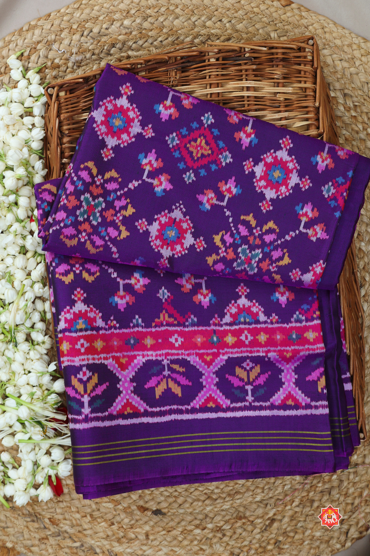 Minakari work & traditional navratna design with ghughroo pallu border semi double ikat patola saree