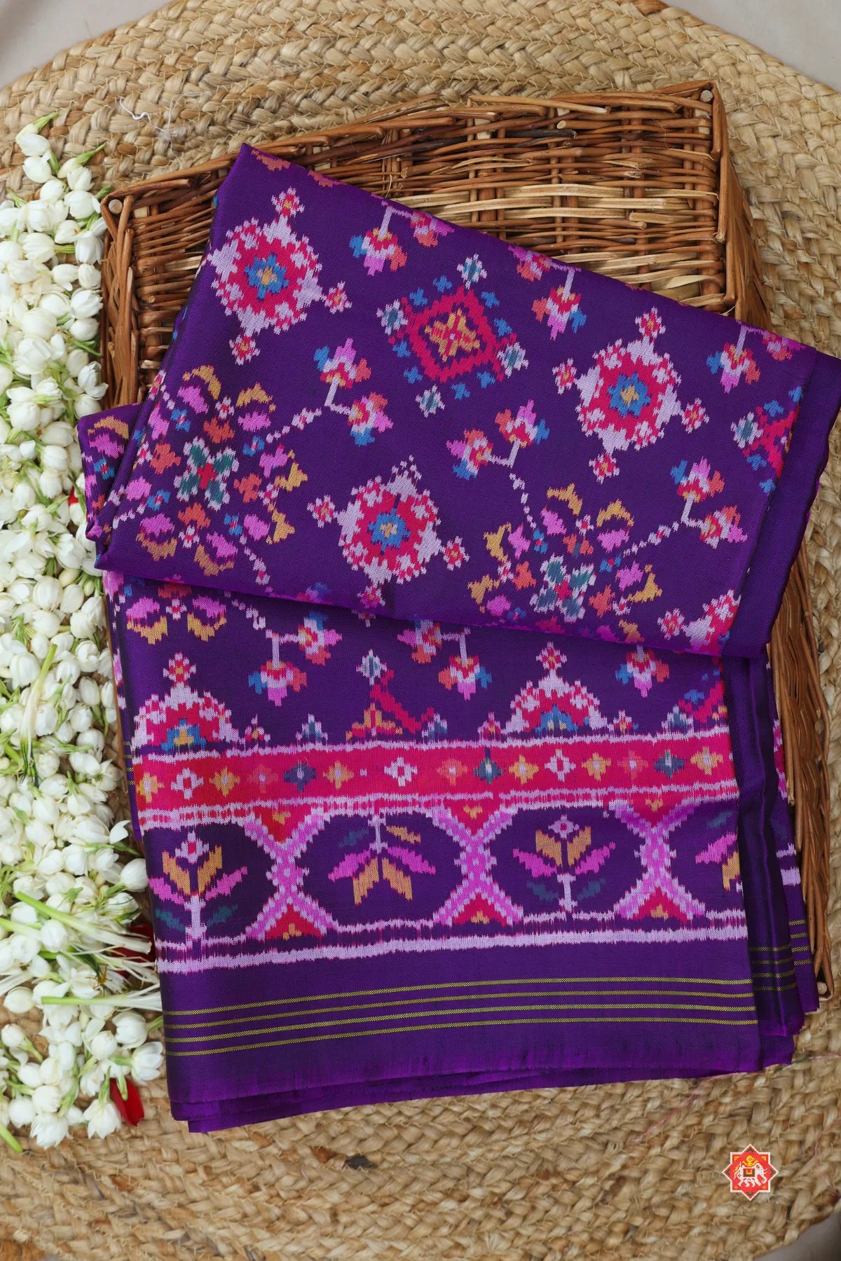 Minakari work & traditional navratna design with ghughroo pallu border semi double ikat patola saree