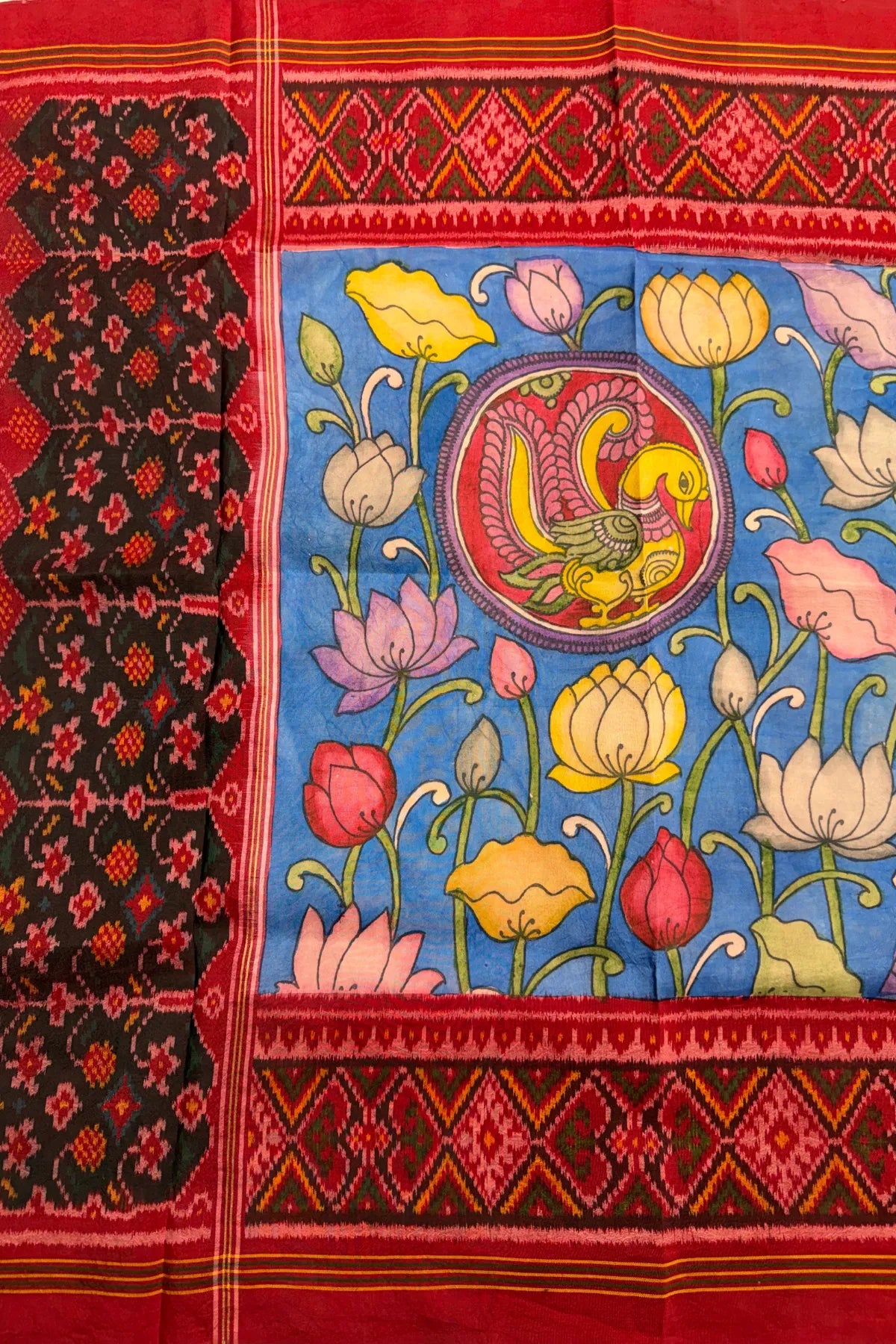 Pallu border patola design with hand pinting kalmkari work