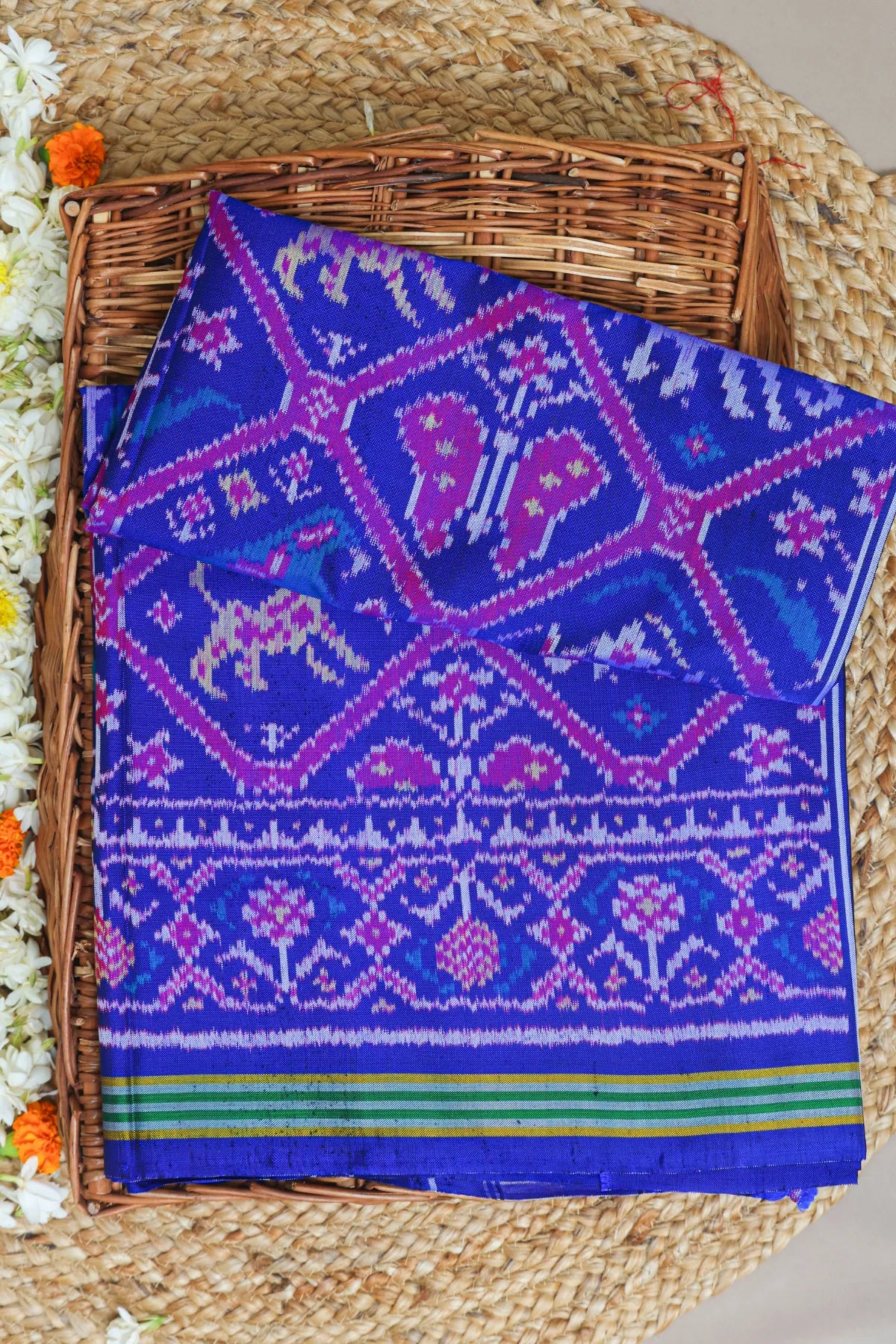 Traditional adtala design with pallu border ghughroo design semi double ikat patola saree