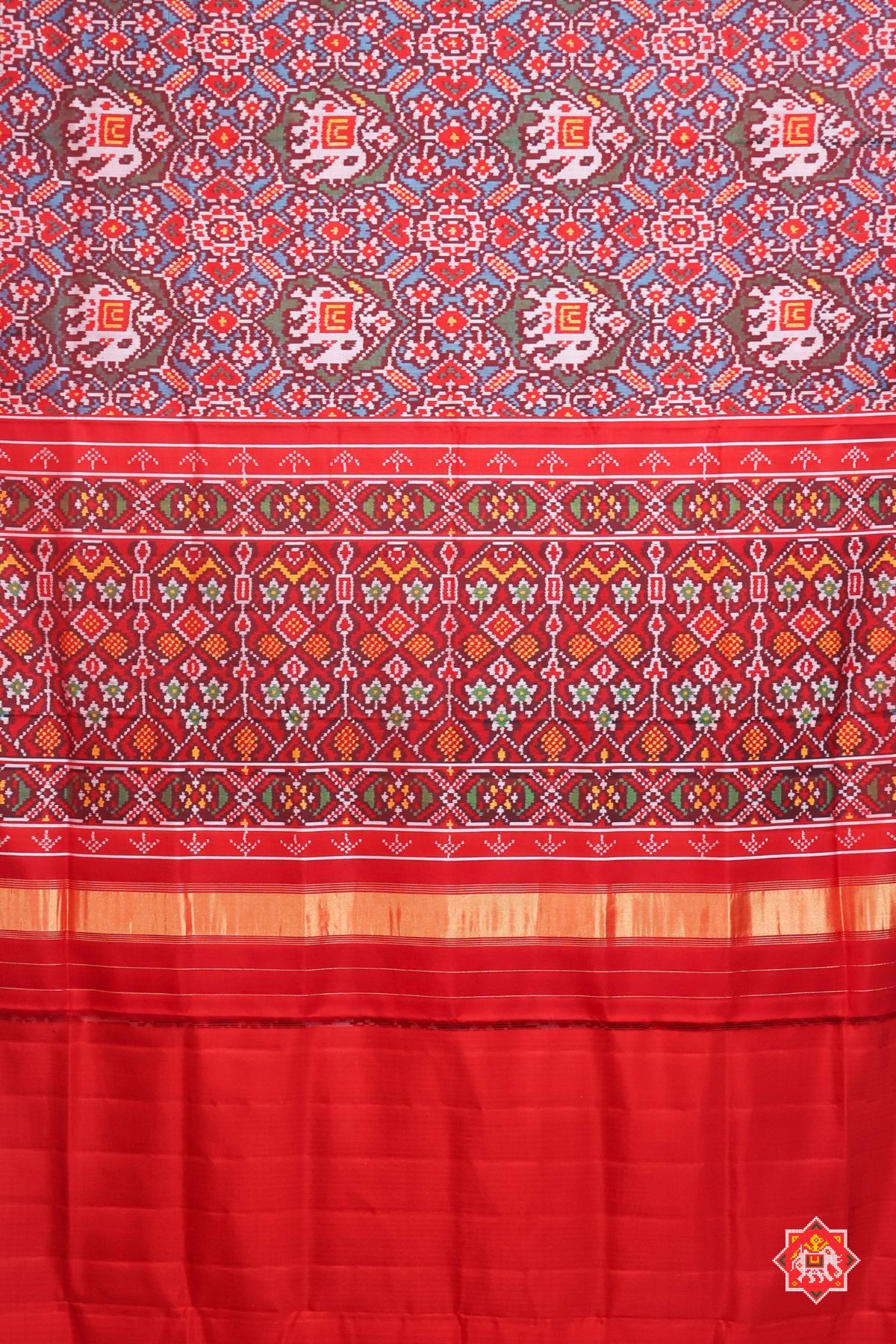 Maneck chowk design with elephant small lines border semi double ikat patola saree