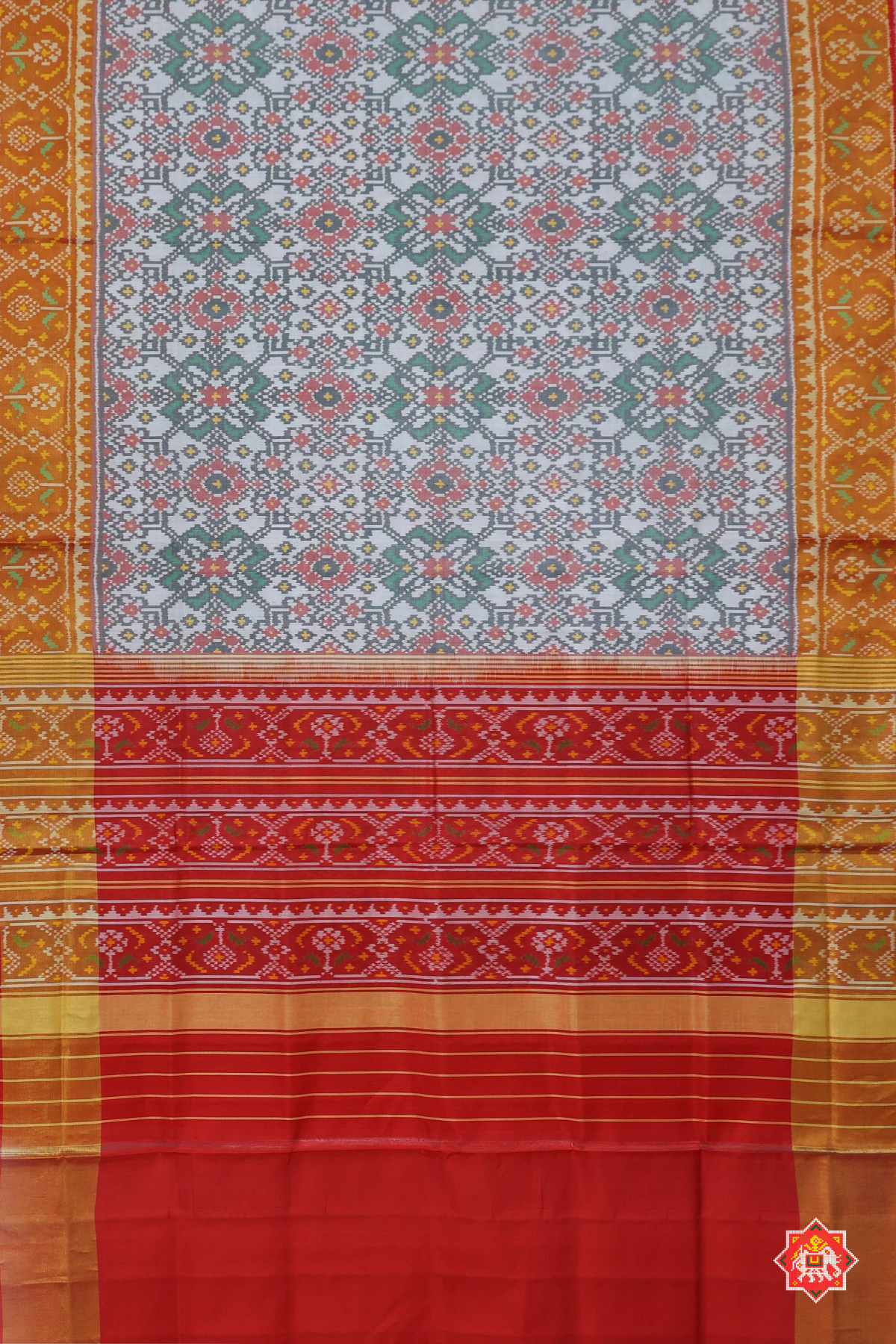 Traditional navratna design with minakari work tissue border single ikat patola