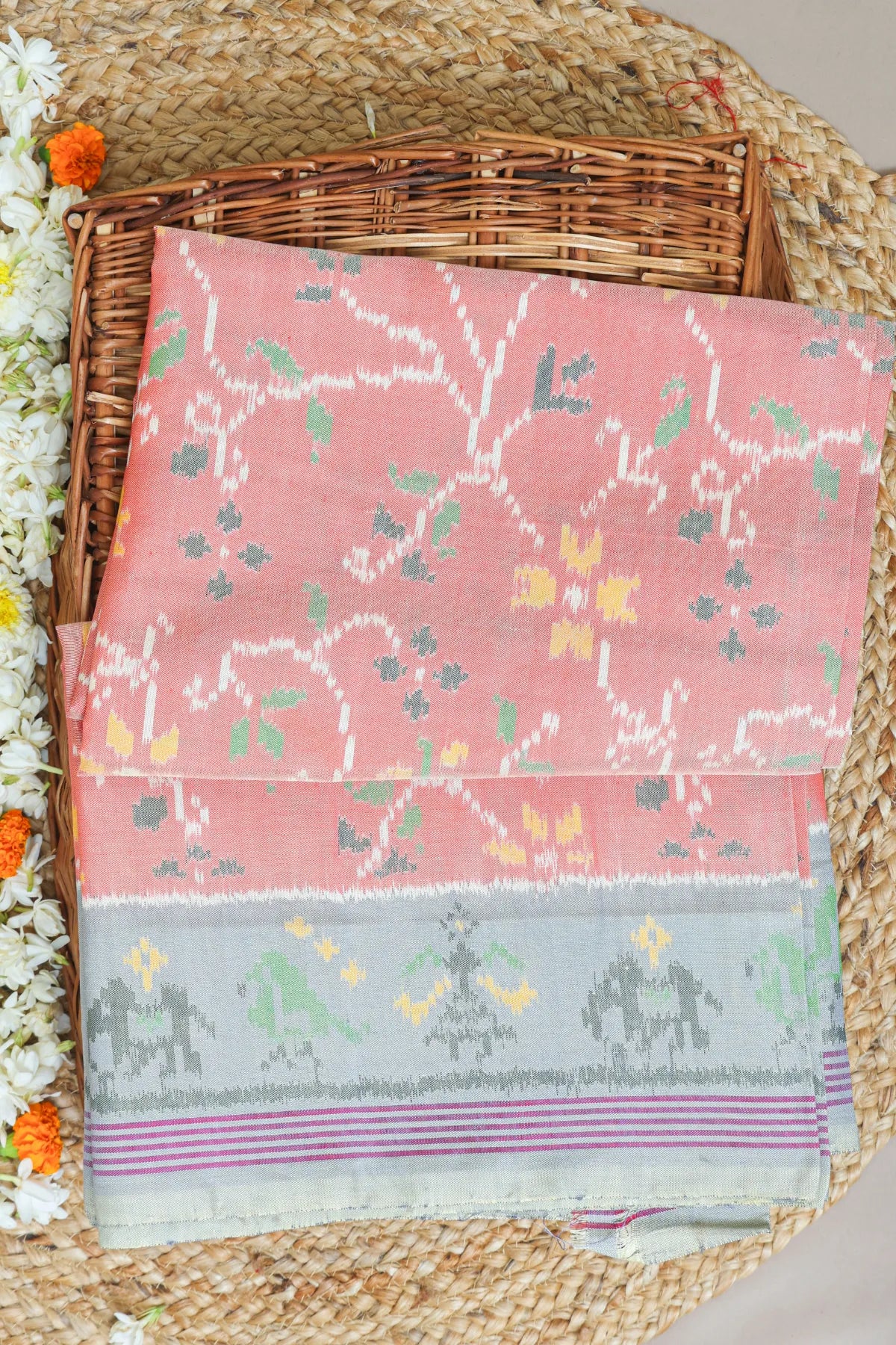Rangoli design with lines border traditional design pallu semi double ikat patola saree