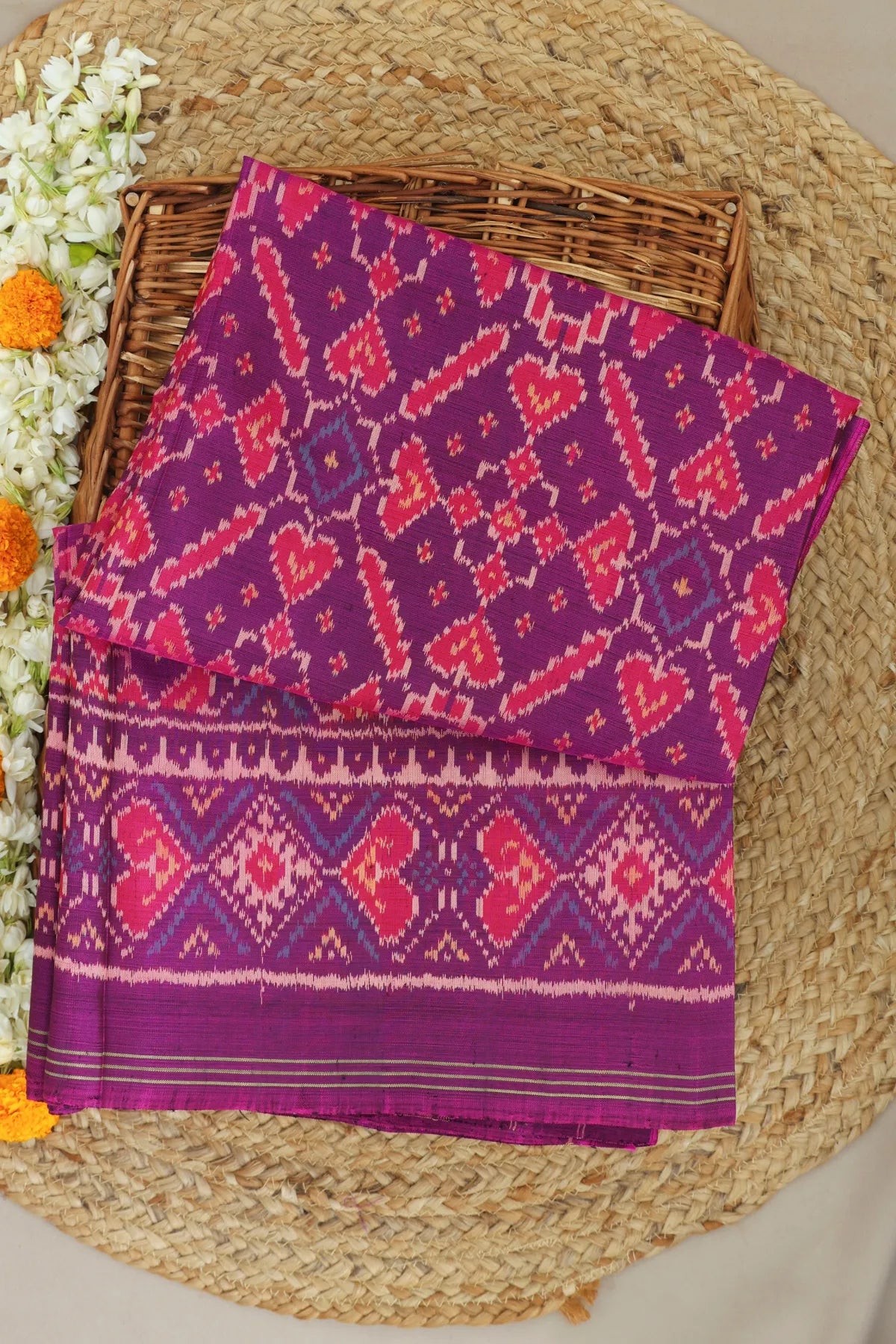 Manek chowk design with minakari work without tissue border single ikat patola saree