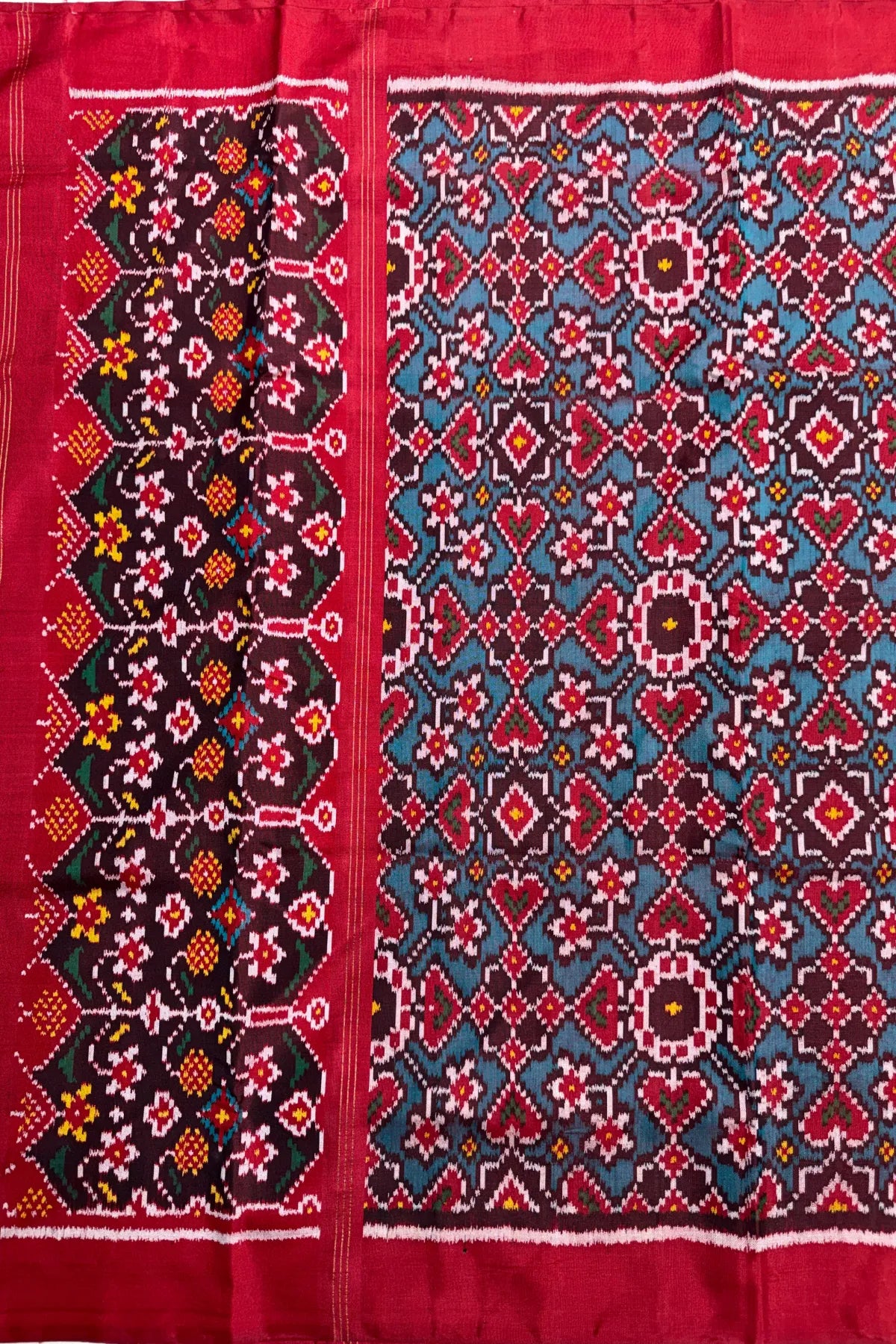 Navratna & manek chowk mix minakari work semi double ikat patola dupatta