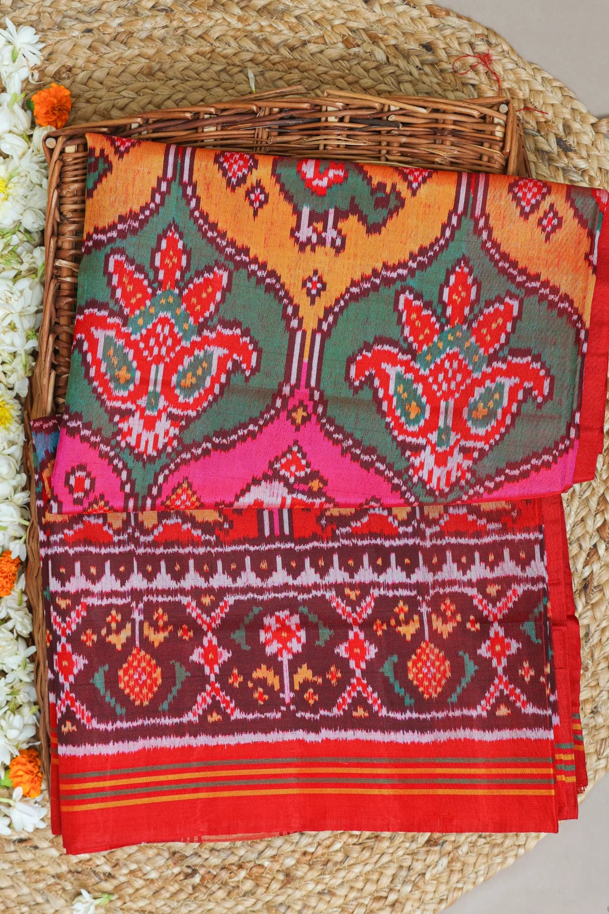 Master piece chabdi design with motifs pallu border Traditional ghughroo design semi double ikat patola saree