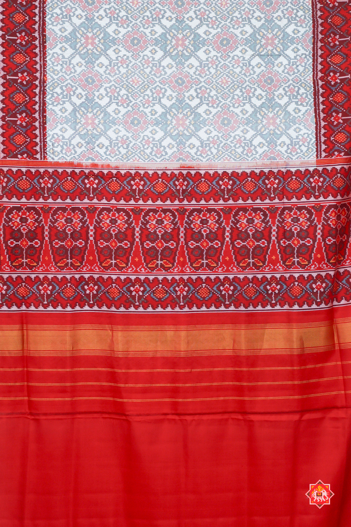Traditional navratn design with minakari work pallu border contras semi double ikat patola saree