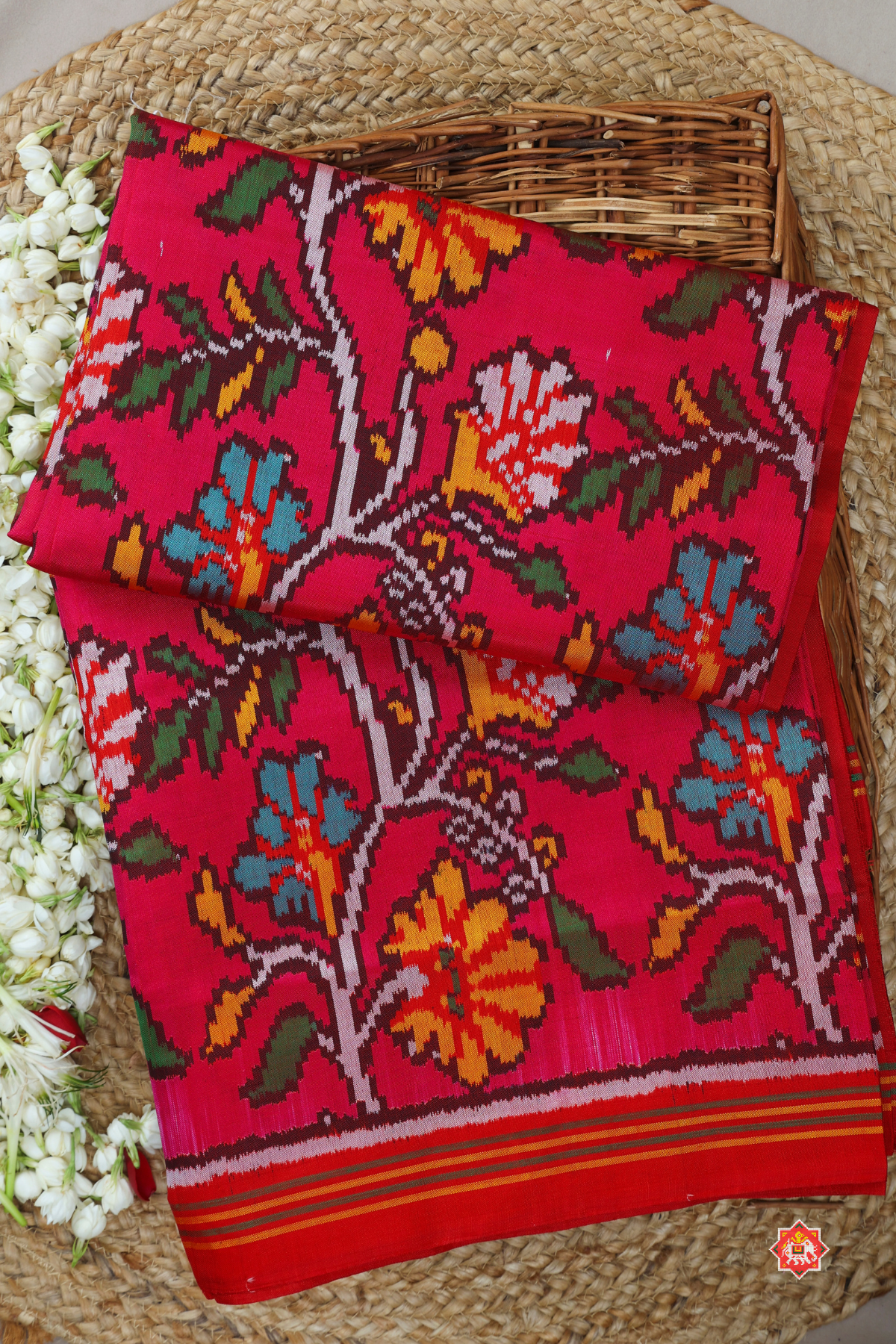 Master piece flowers with leaves design & small lines border semi double ikat patola saree