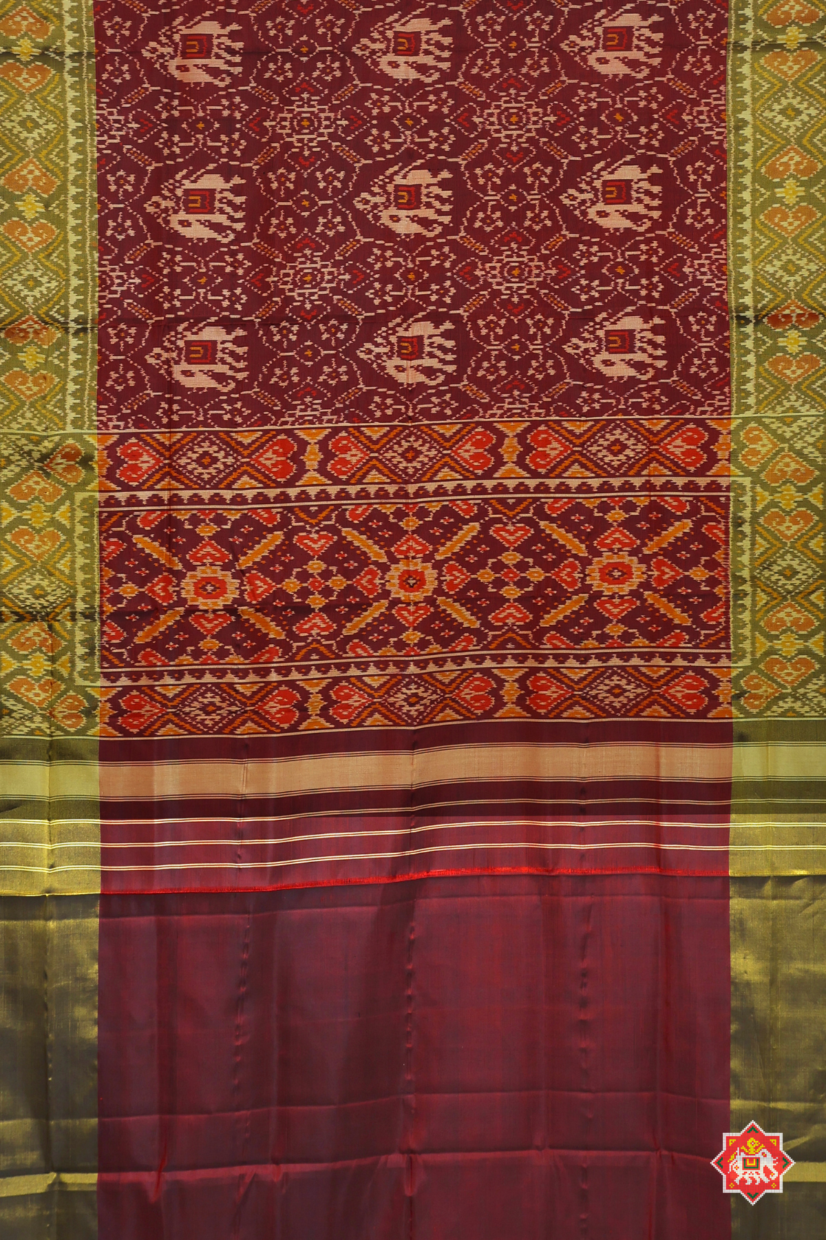 Manek chowk design with elephant big tissue border single ikat patola saree