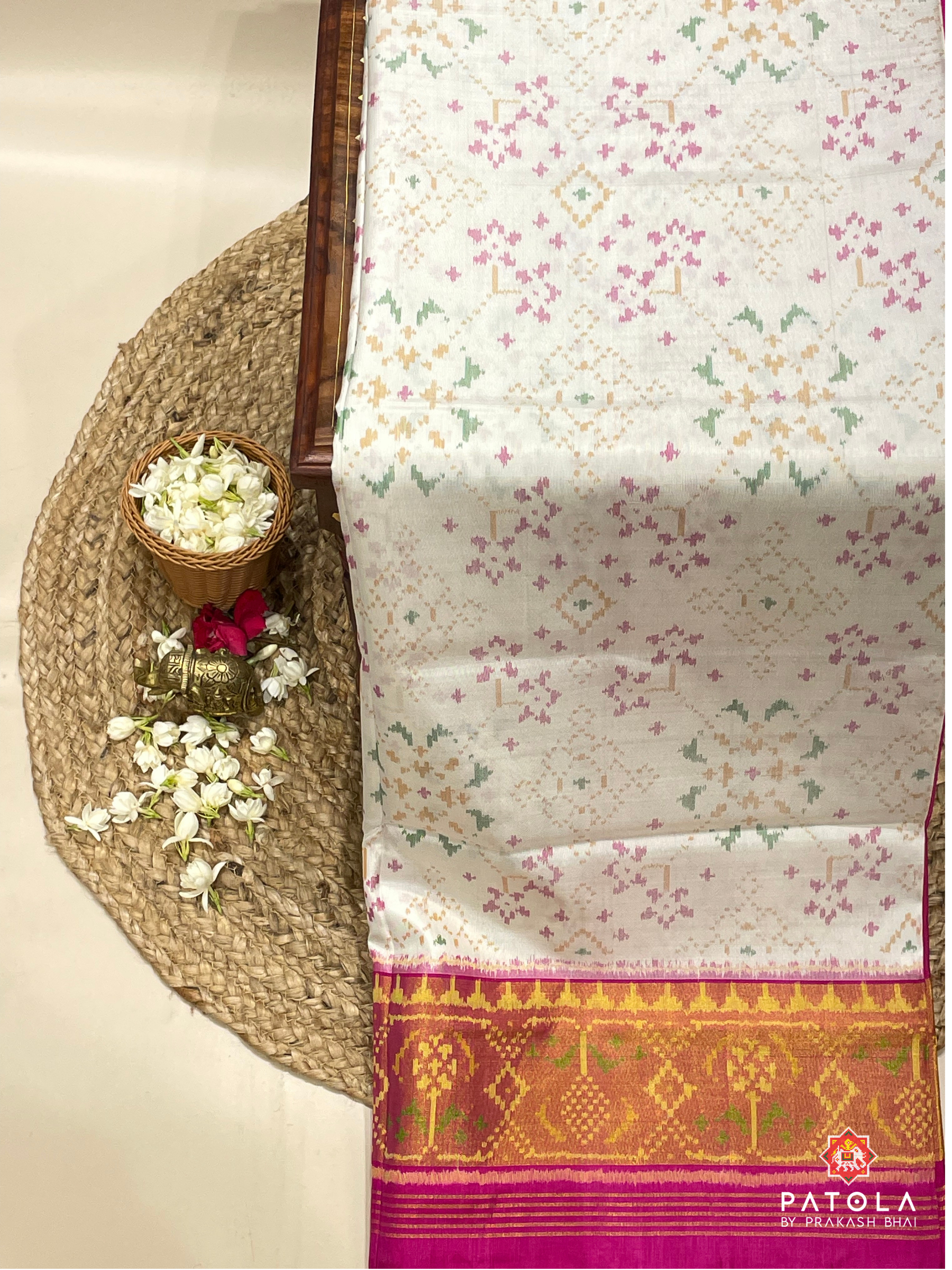 White & Pink Navratna Designer Single Ikat Patola Saree