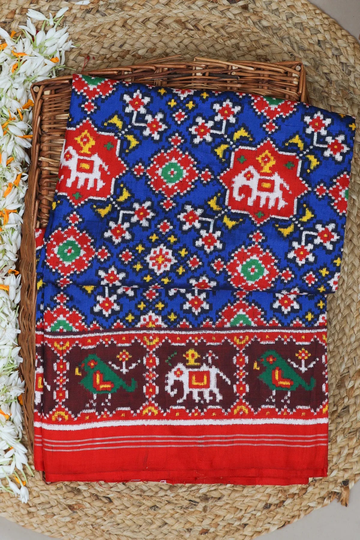 Patan patola navratna design with small elephant & traditional pallu pure double ikat patola saree