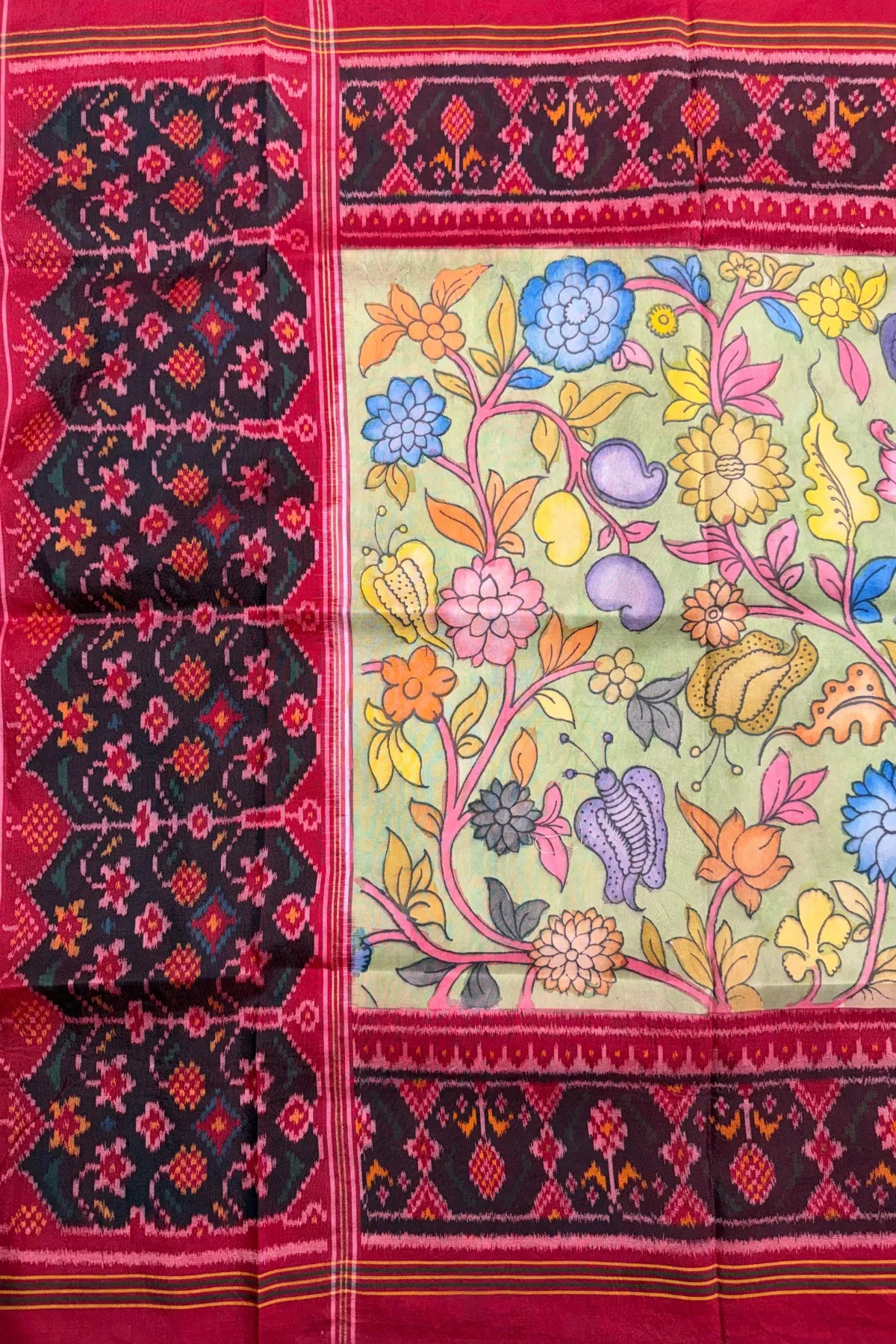 Pallu border patola design with hand pinting kalmkari work