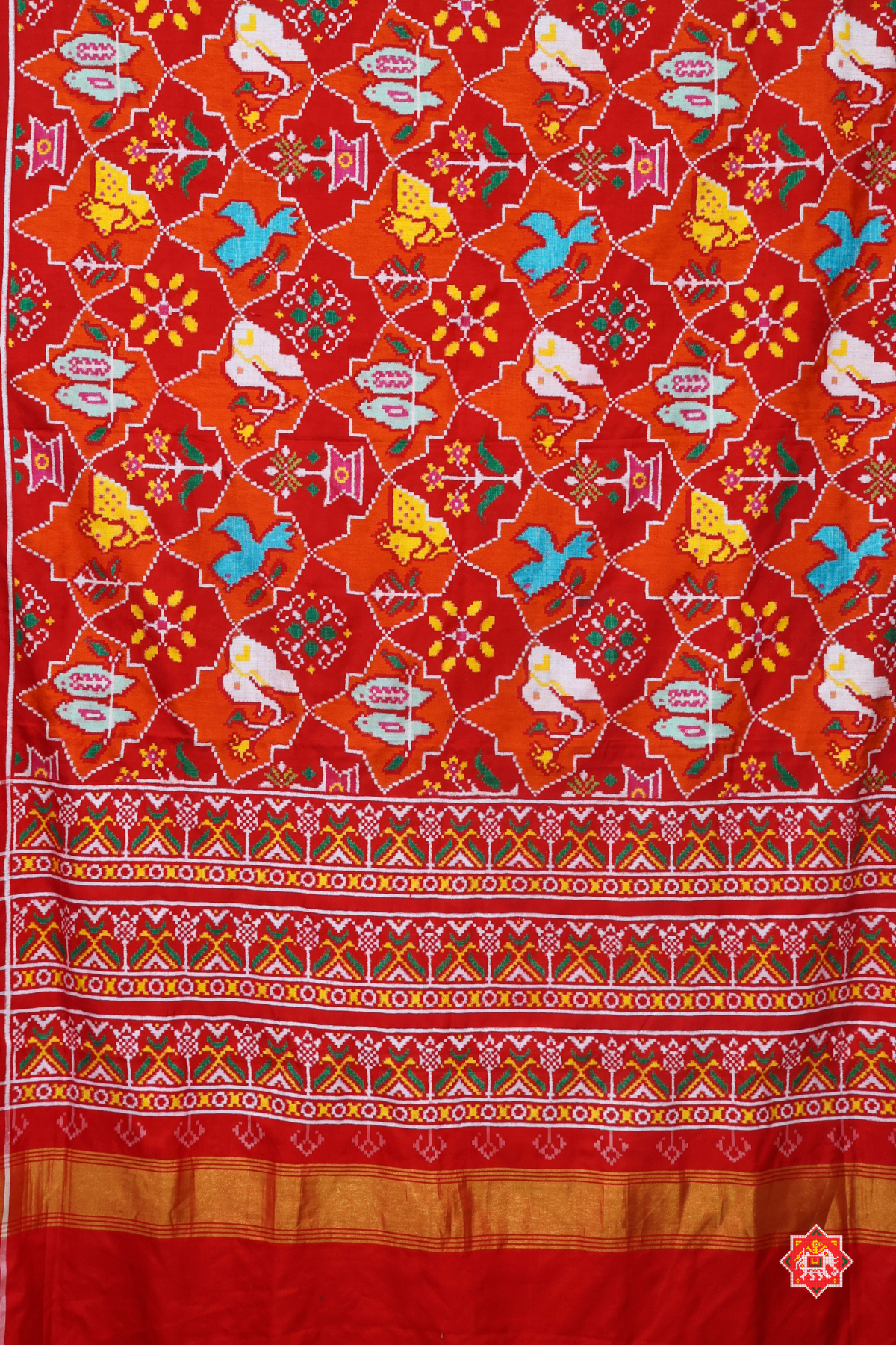 Masterpiece star &  4 motif design with small lines border pure double ikat patola saree