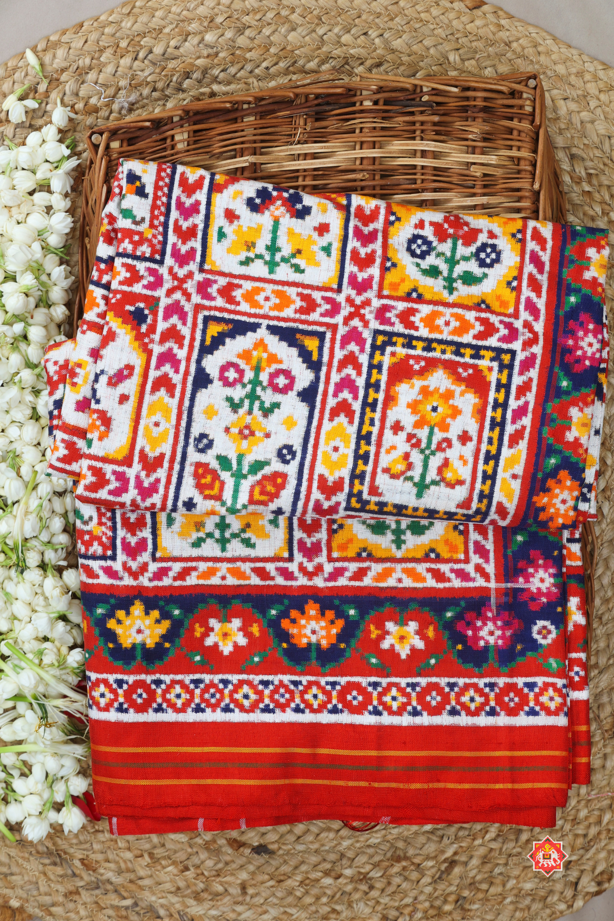 Signature piece patan patola silk double ikat jharokha design off white saree