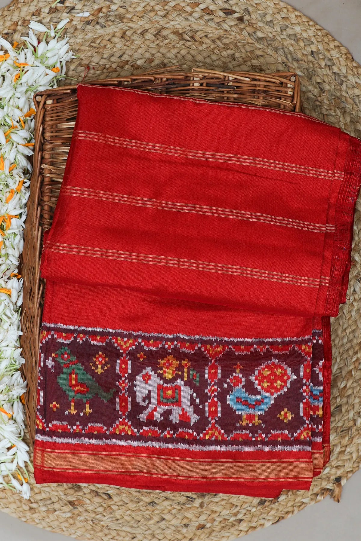 Master piece plain red with patola tissue lines design & blouse patola design semi double ikat patola saree