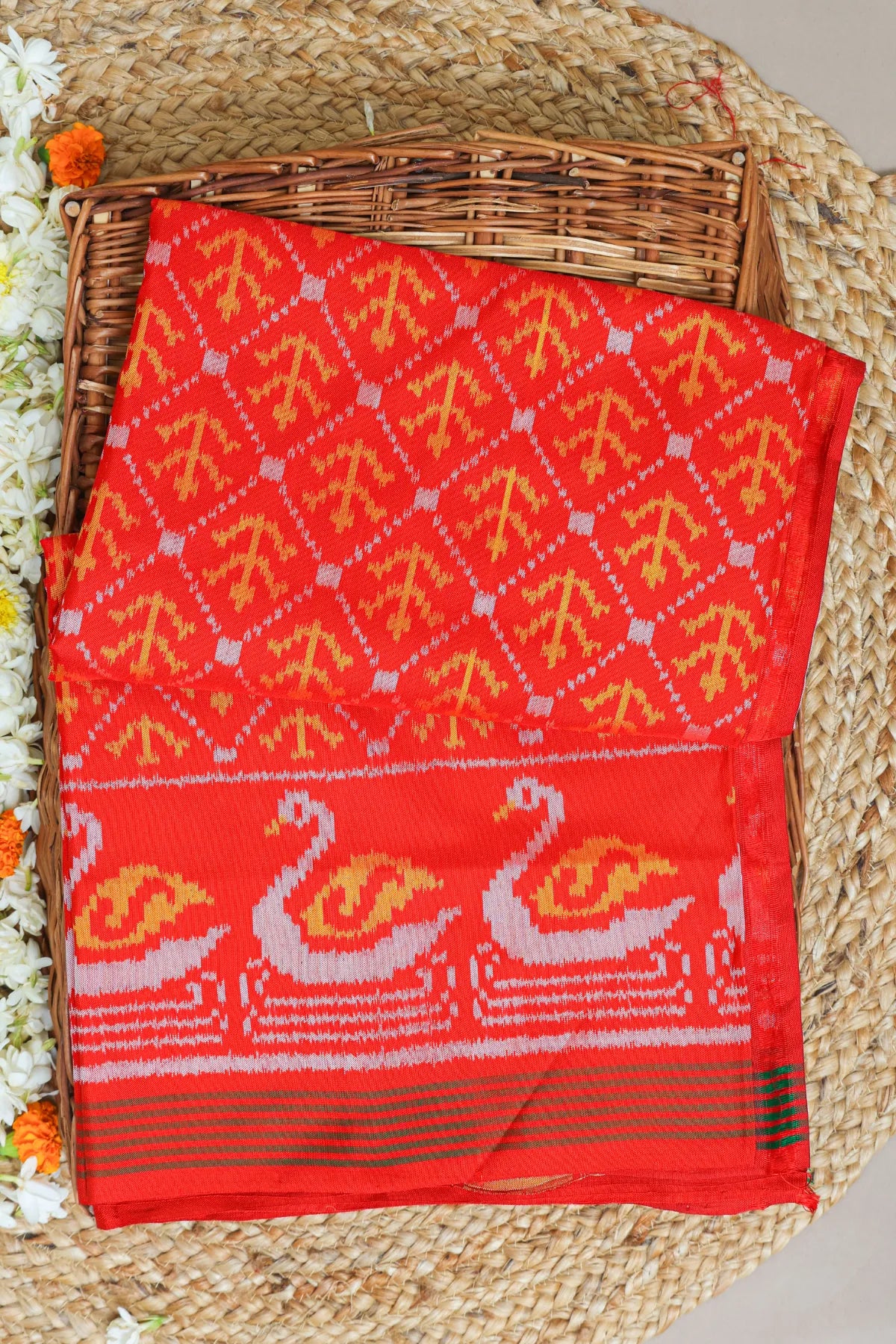 Fancy design with scut border pallu border design swan Semi double ikat patola saree