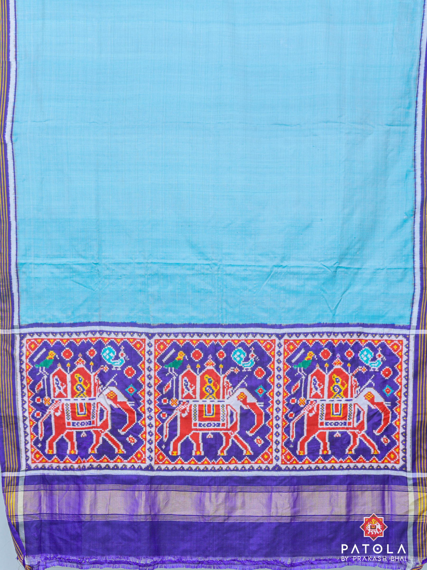 Plain Sky Blue Design With Elephent Pallu Pure Double Ikat Patola Saree