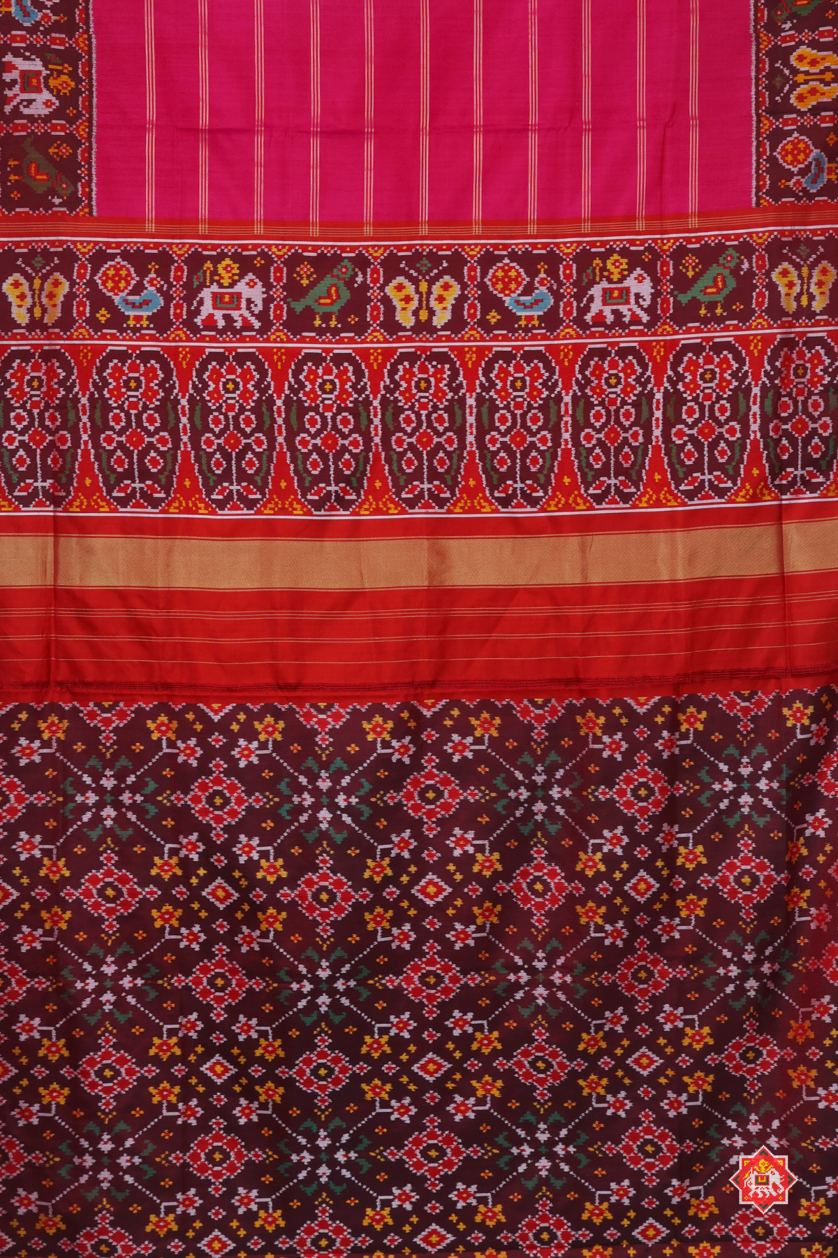 Masterpiece plain rani pink with patola tissue lines design & blouse patola design Semi double ikat patola saree