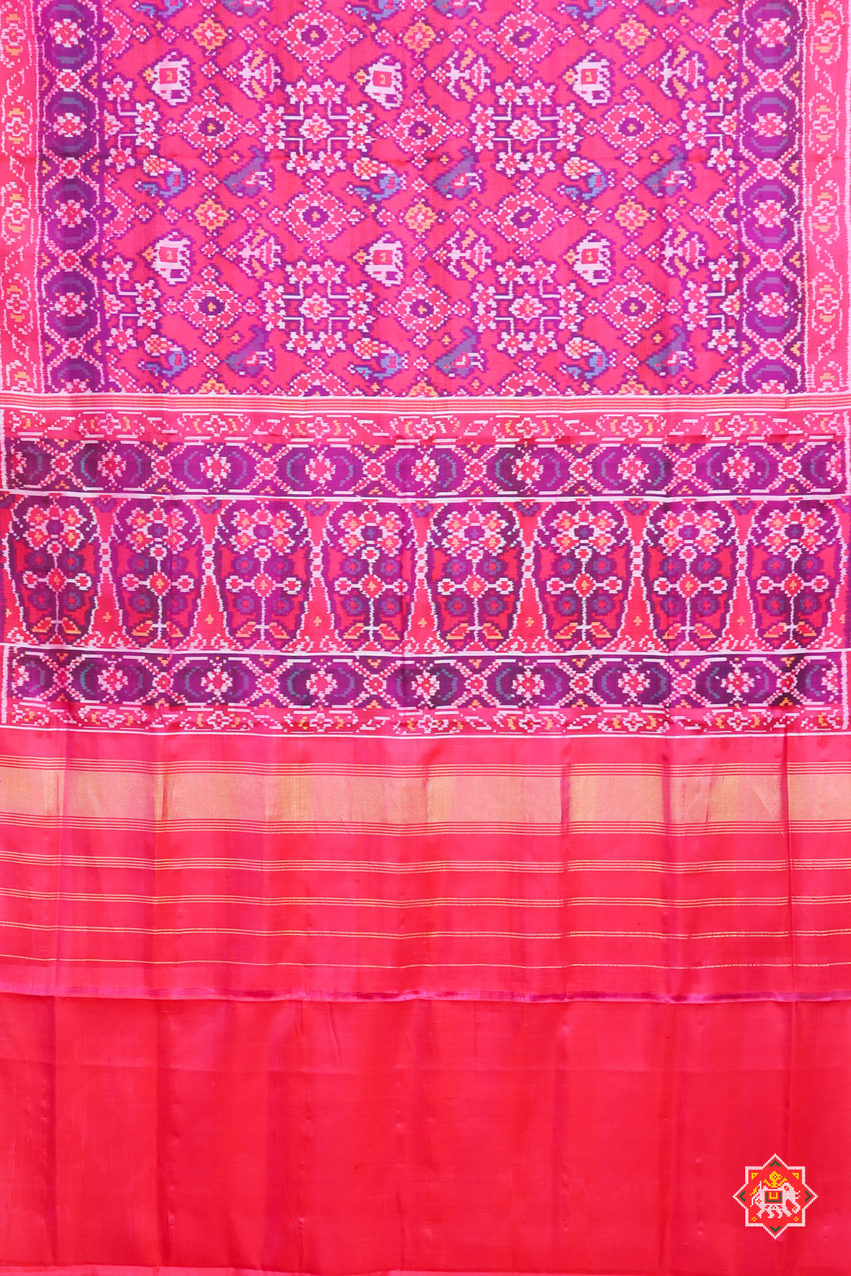 Traditional navratn design with small motif design semi double ikat patola saree