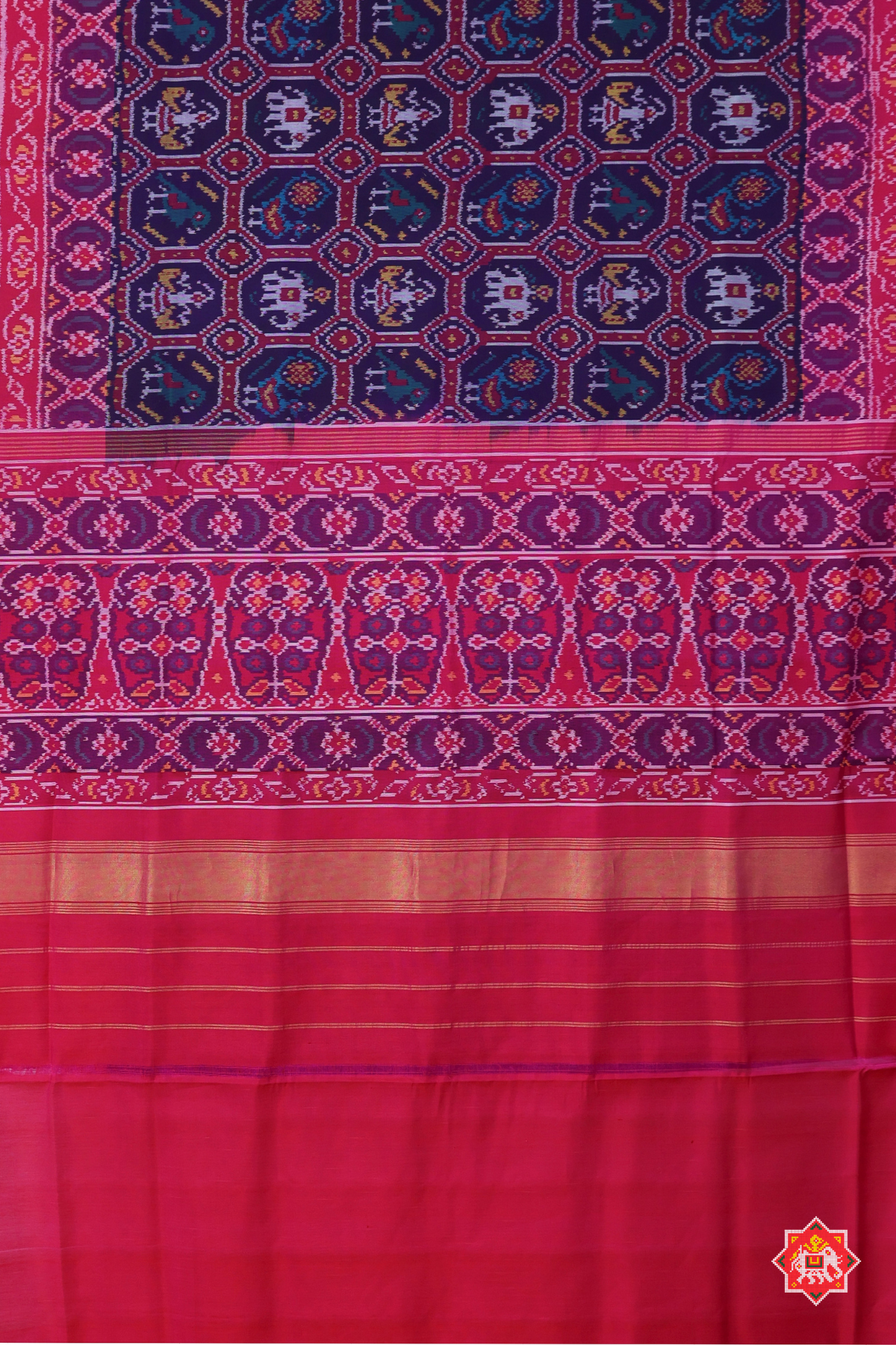 Small chabdi with motif design & ghughroo border semi double ikat patola saree