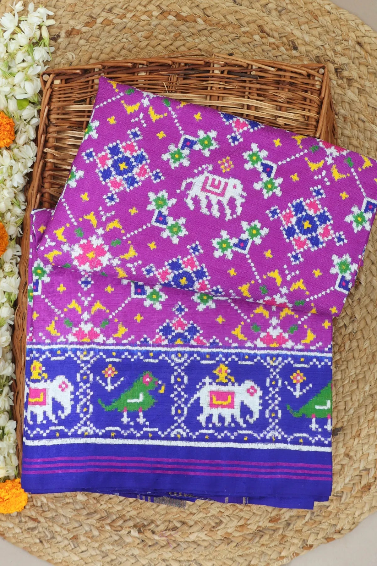 Patan patola traditional navratna design with elephent & border pallu motif design pure double ikat saree