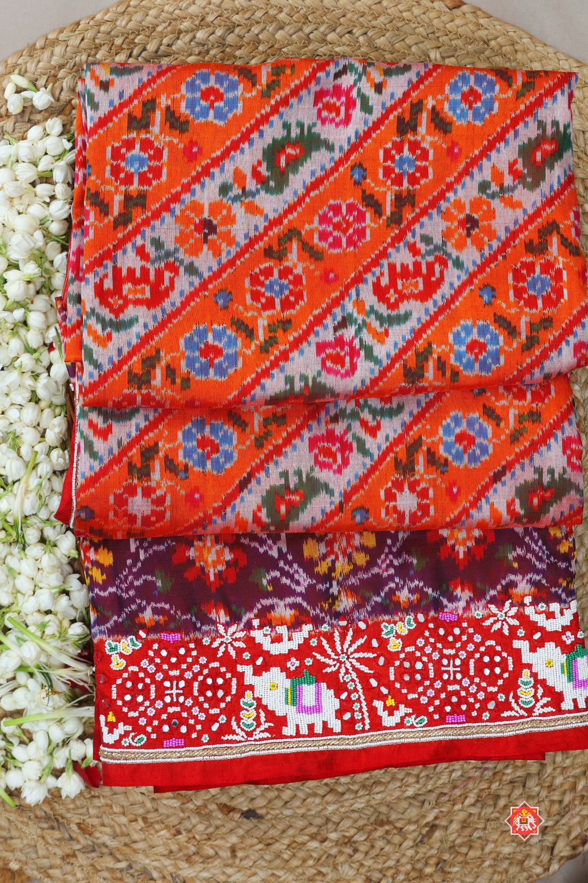 Classic lehariya design with border design hand moti work ( special navratri concept) hand work saree