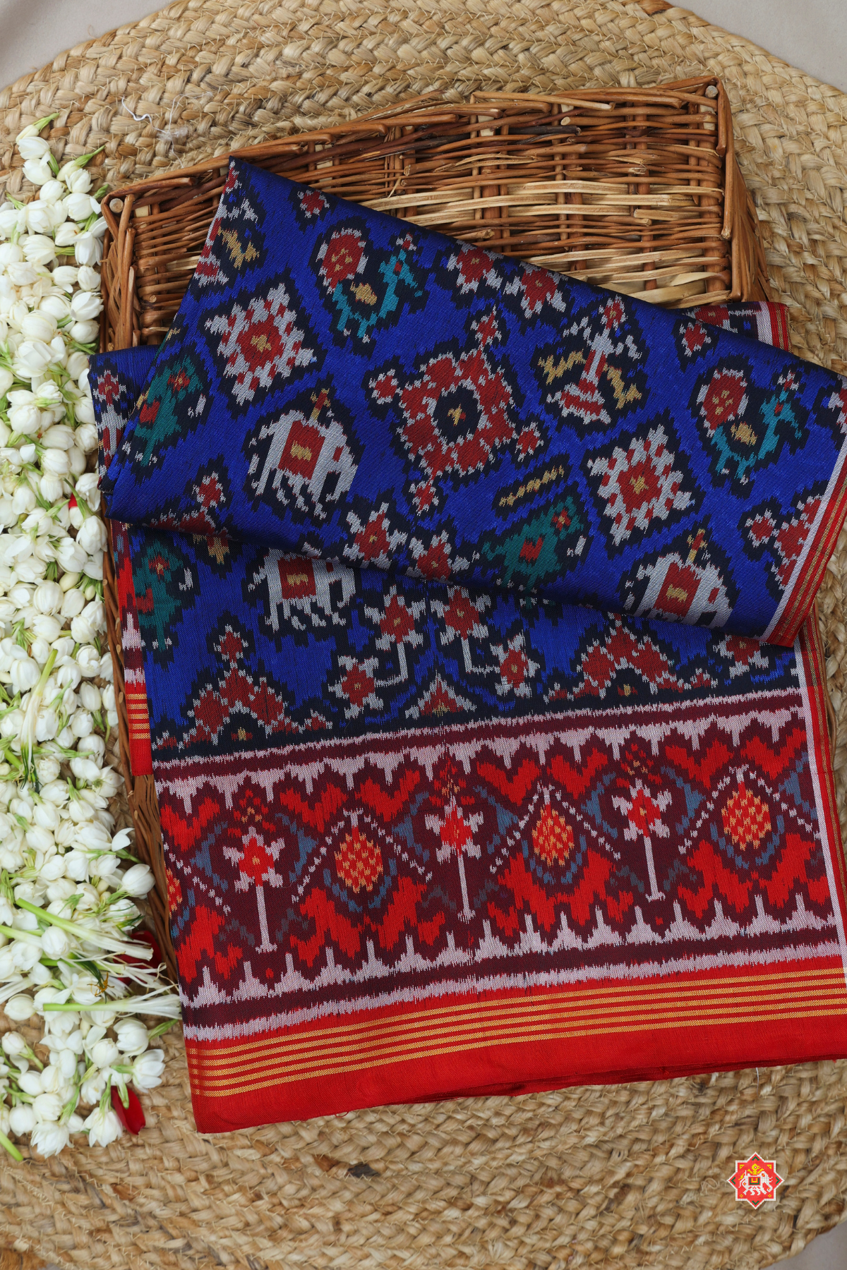 Traditional navratn with chanda design palllu border contras semi double ikat patola saree