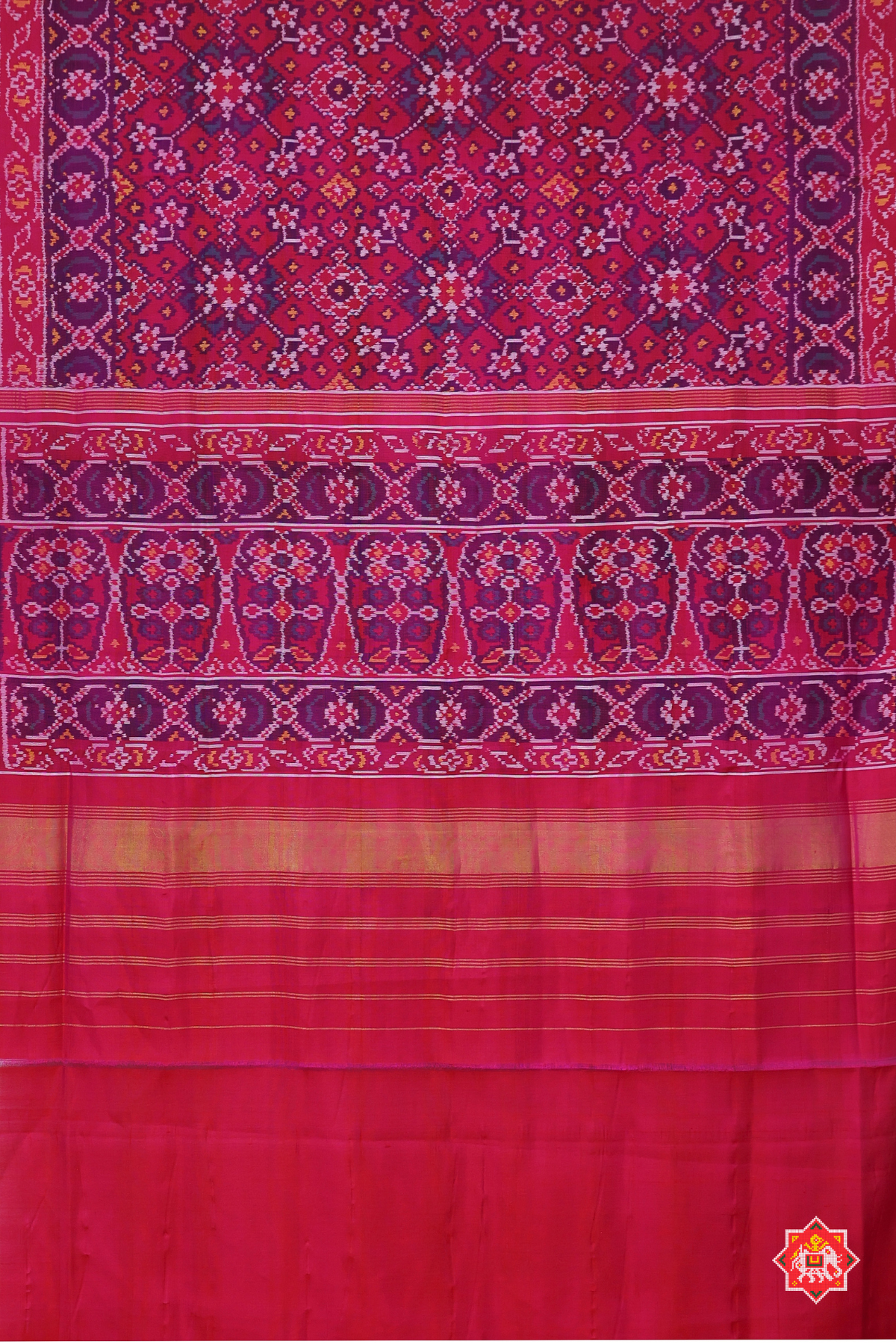 Navaratna design with ghughroo border semi double ikat patola saree