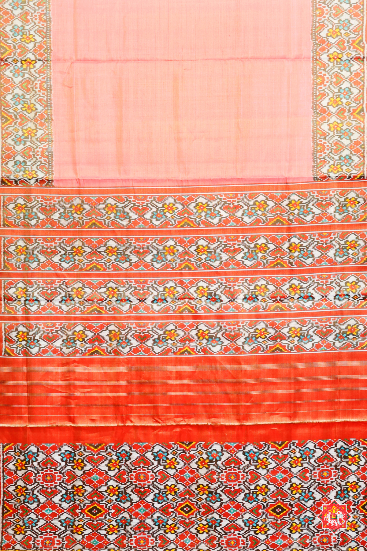 Plain pink with off white navratna manek chowk border tissue patola saree