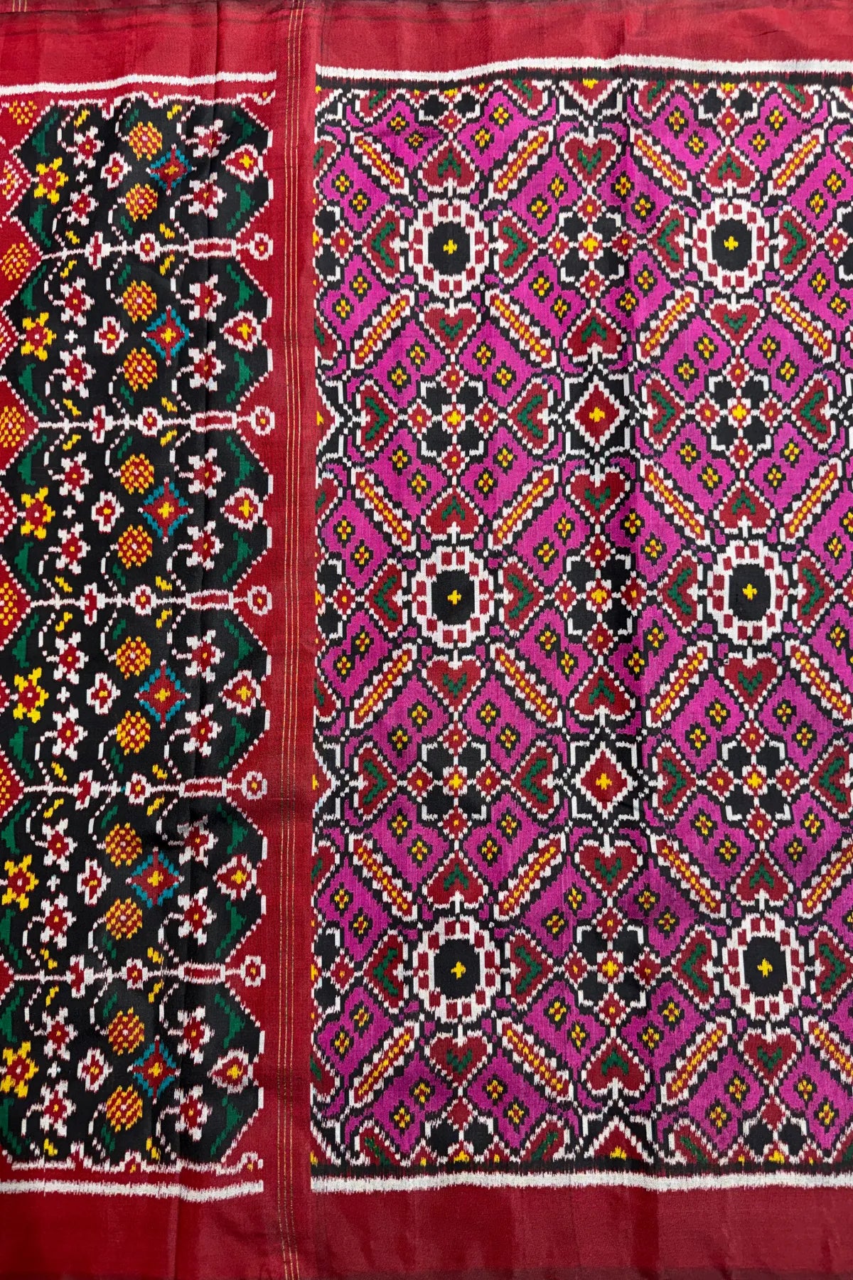 Manek chowk design with minakari work semi double ikat patola dupatta