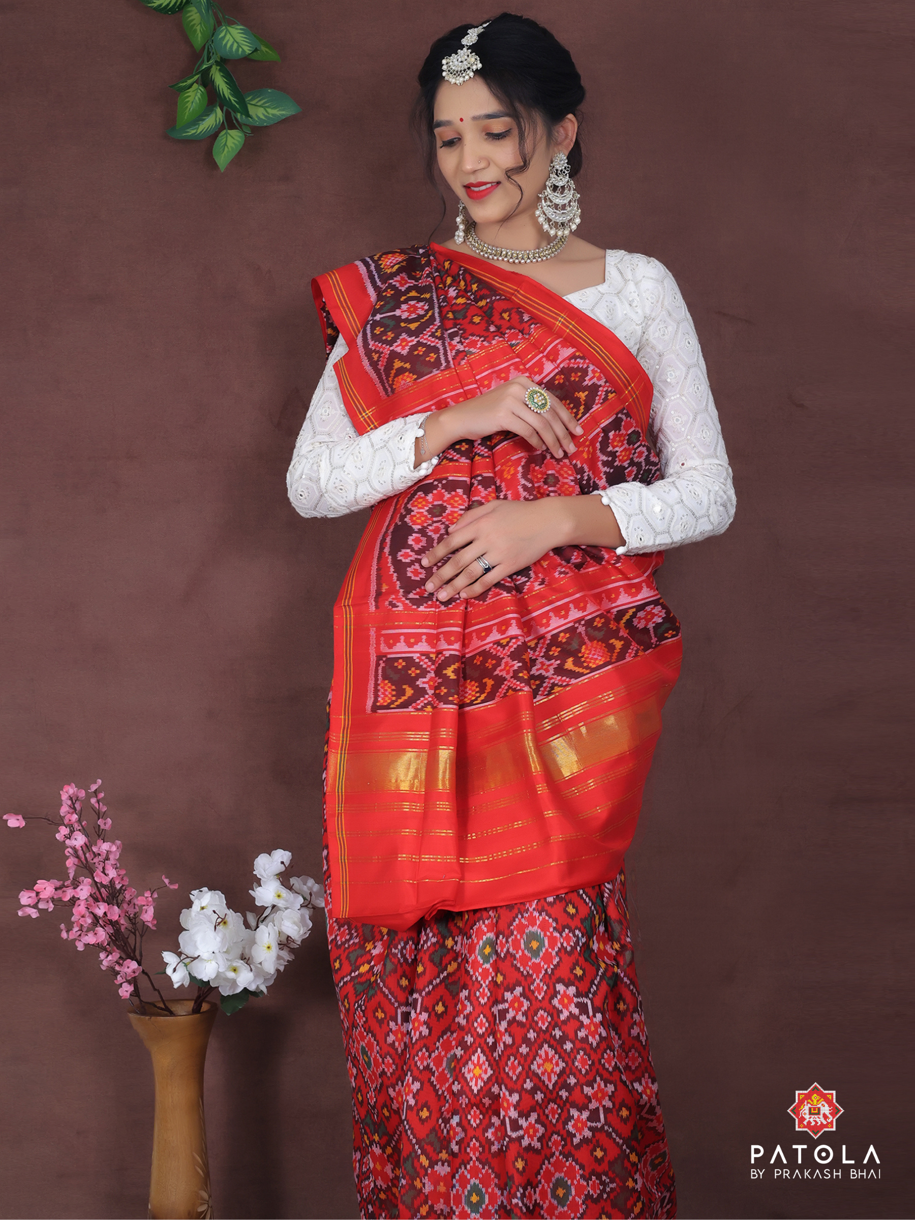 Red Navratna Designer Semi Double Ikat Patola Saree