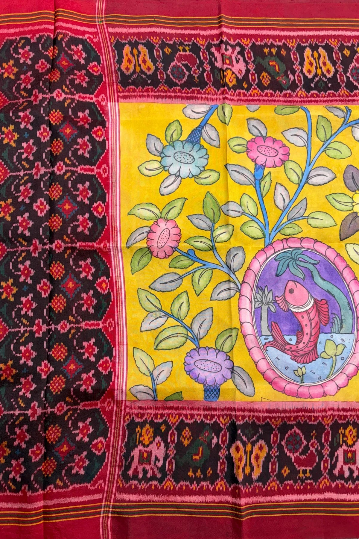 Pallu border patola design with hand pinting kalmkari work