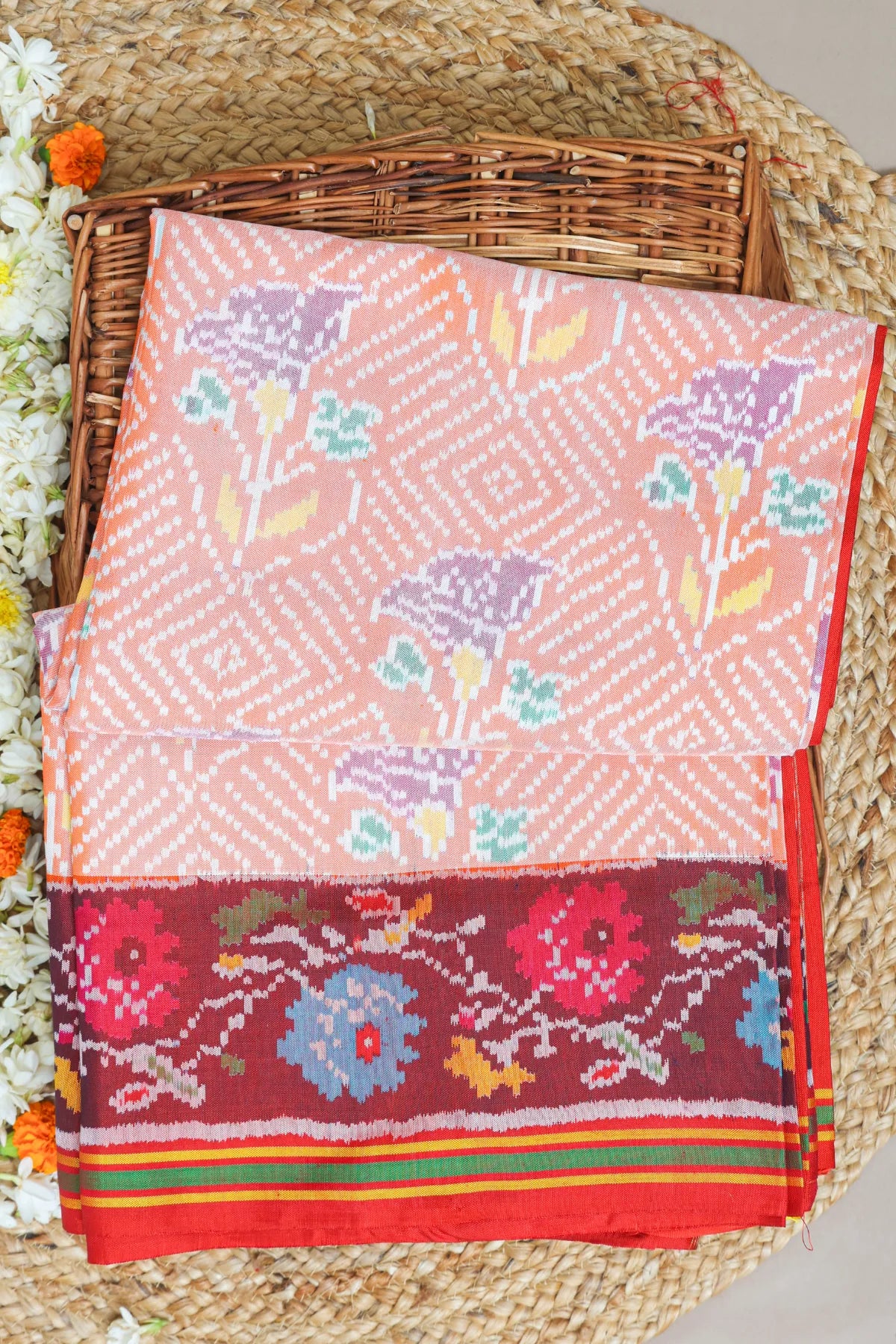 Masterpiece Rose Designer With Contras Flowers Design With Pallu Border Semi Double Ikat Patola Saree