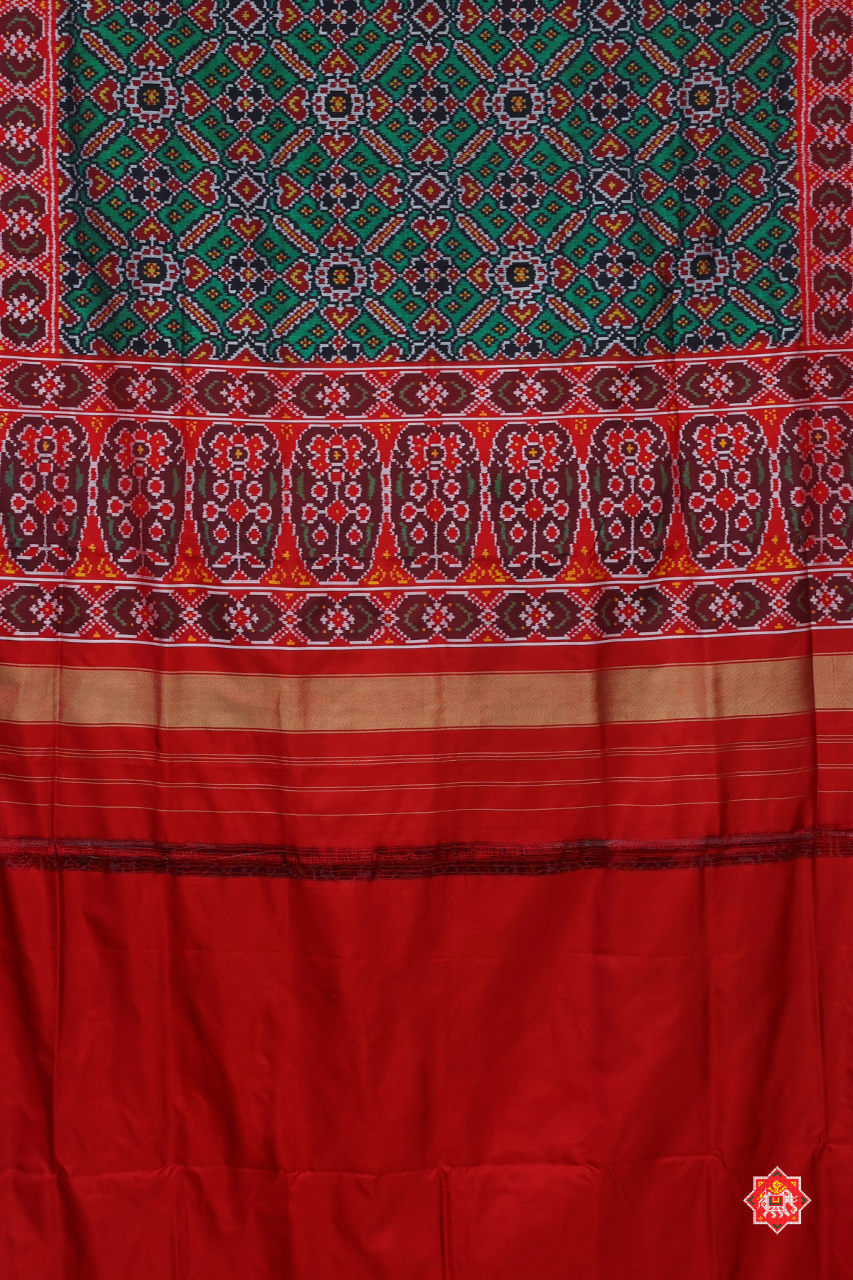 Maneck chock design minkari work with ghughroo border semi double ikat patola saree