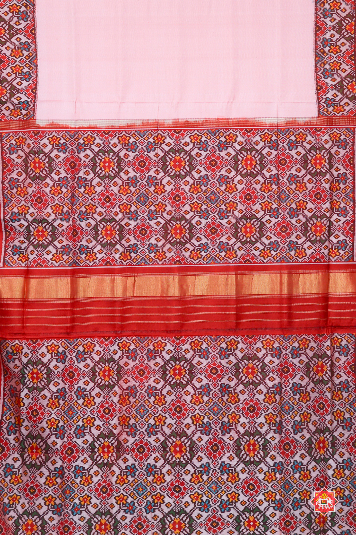 Plain strawberry pink  with navratna border semi double ikat patola saree