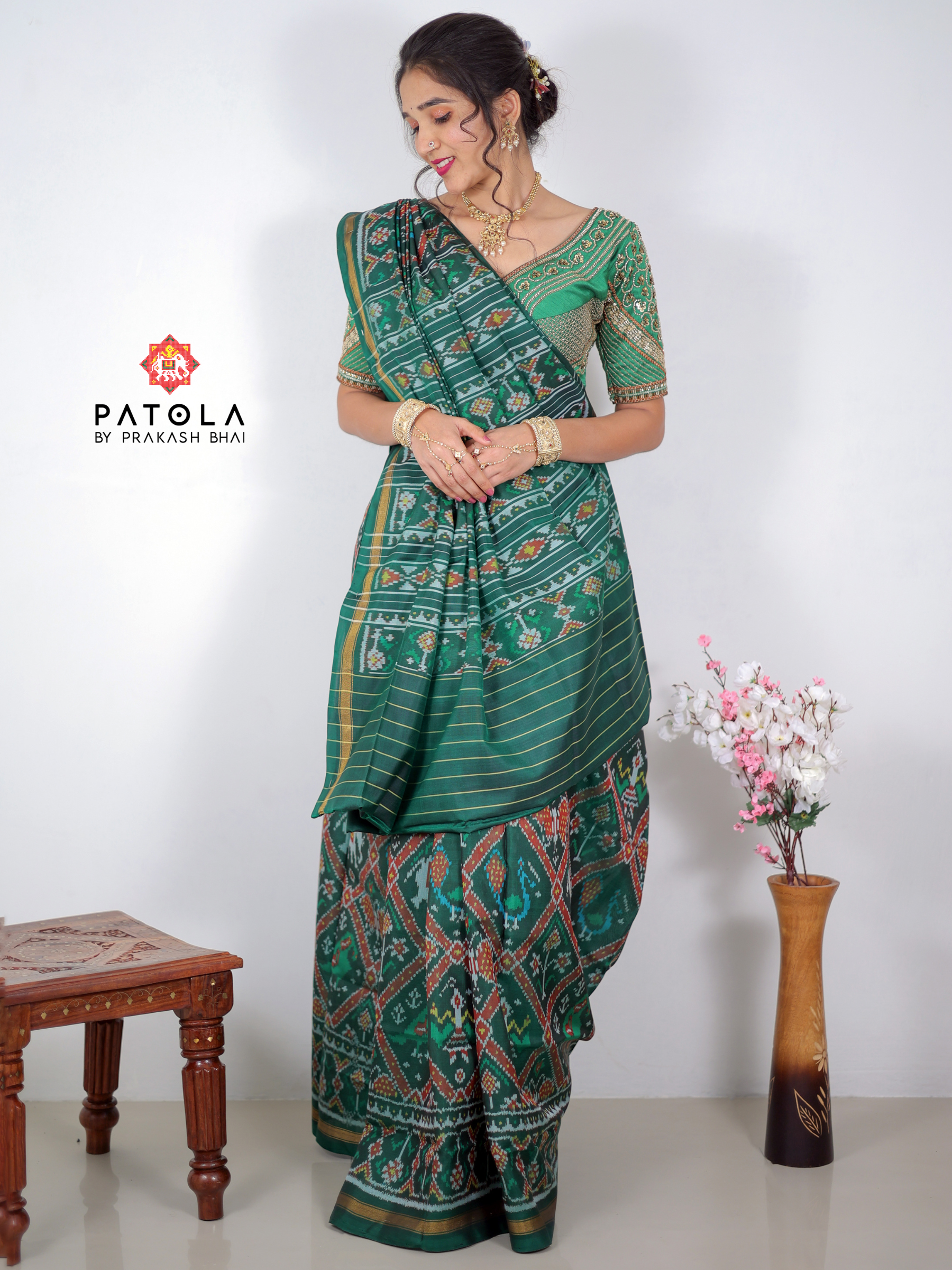 Green Adtala Designer Single Ikat Patola Saree