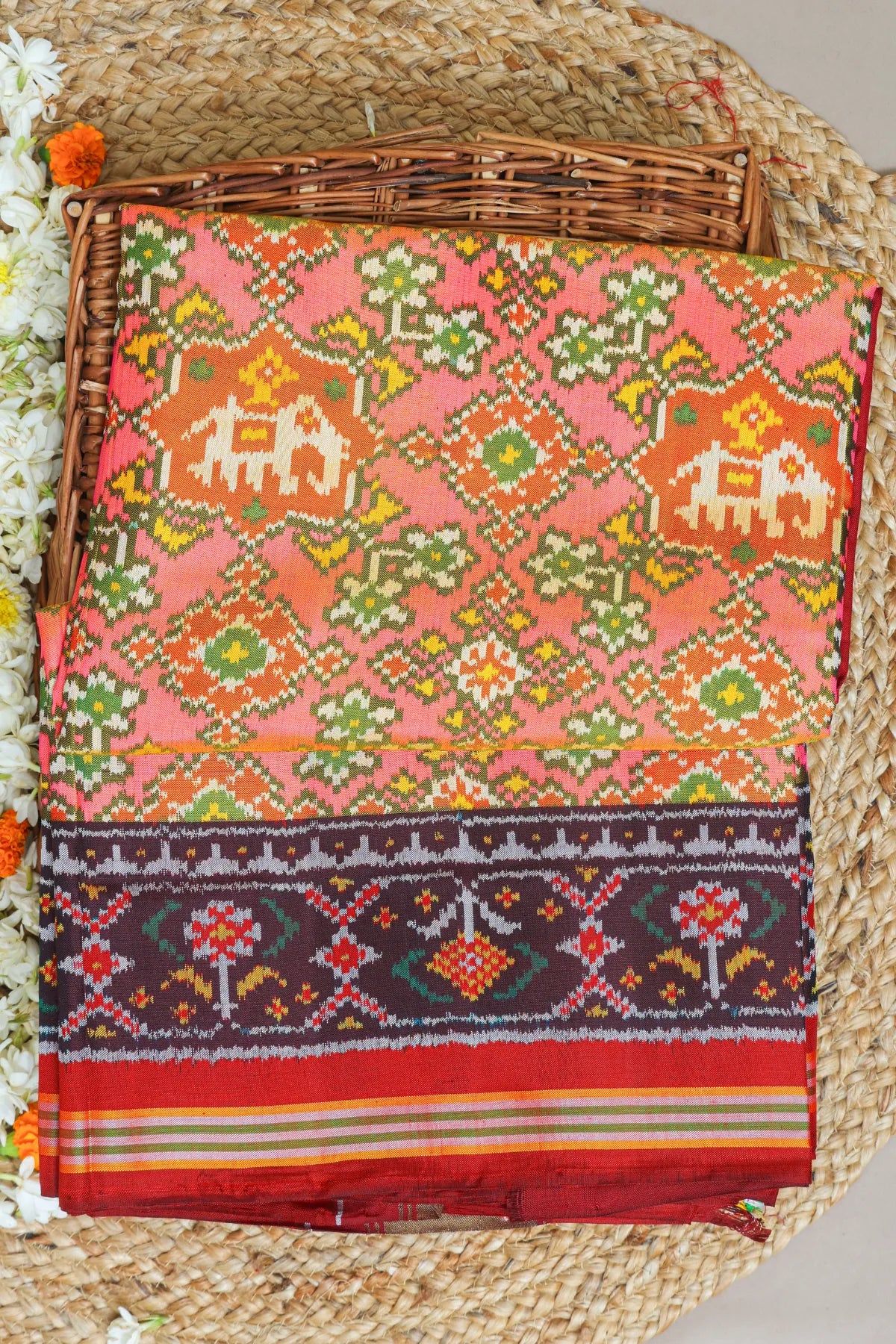 Traditional navratna design with elephant & border ghughroo design semi double ikat patola saree