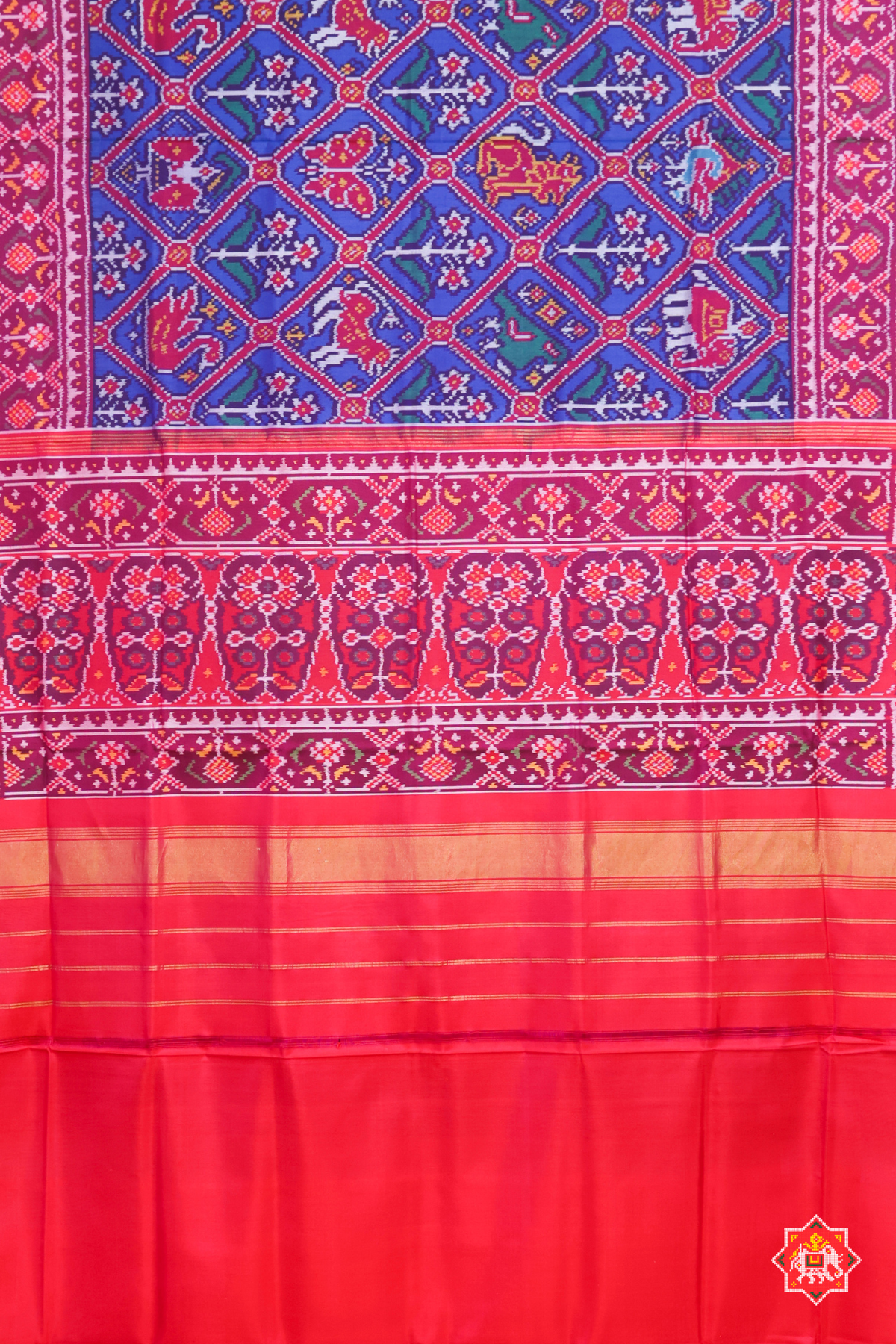 Traditional adtala design with pallu border contras semi double ikat patola saree