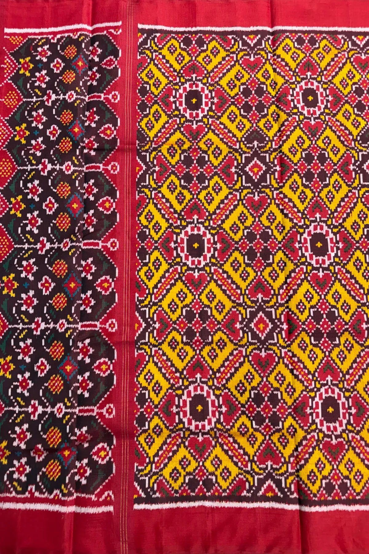 Manek chowk design with minakari work semi double ikat patola dupatta