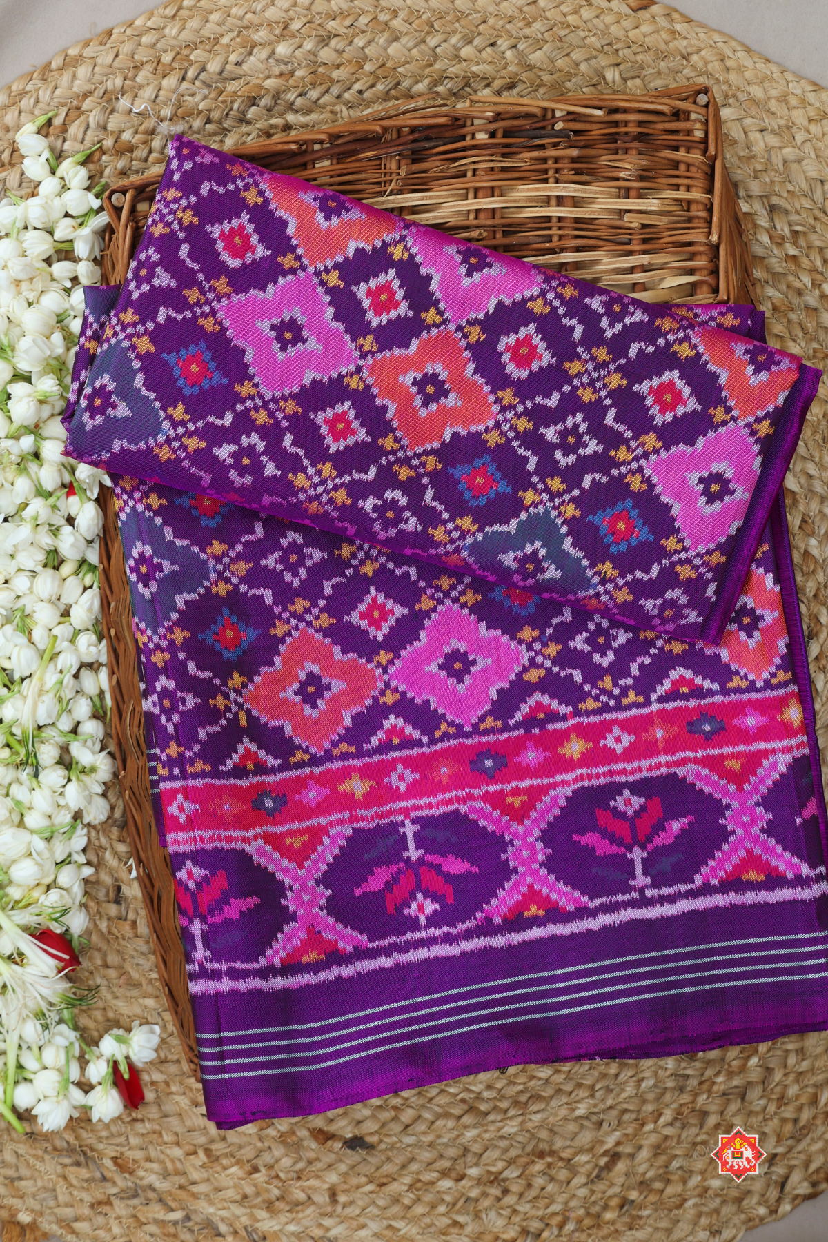 Minakari work & traditional button full design with ghughroo pallu border semi double ikat patola saree