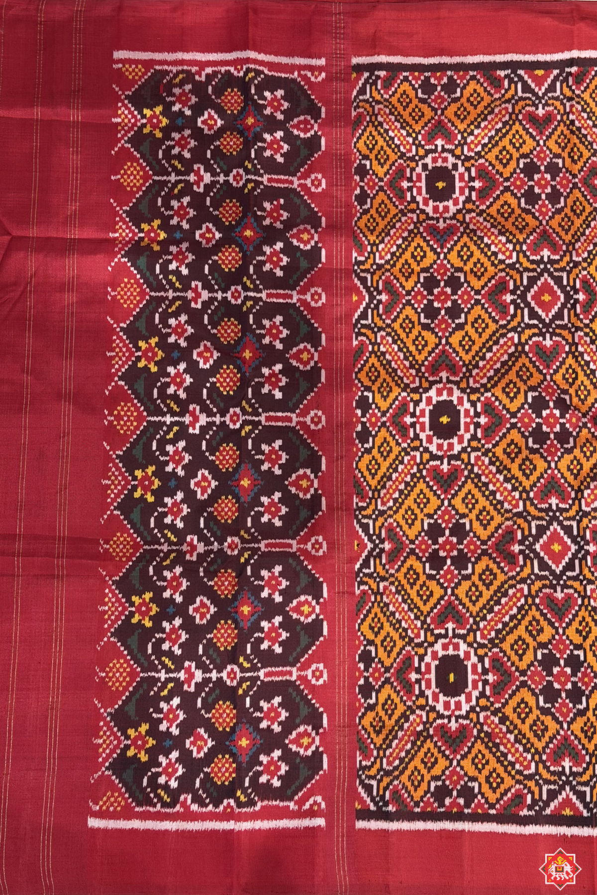Manek chowk design with minakari work semi double ikat patola dupatta